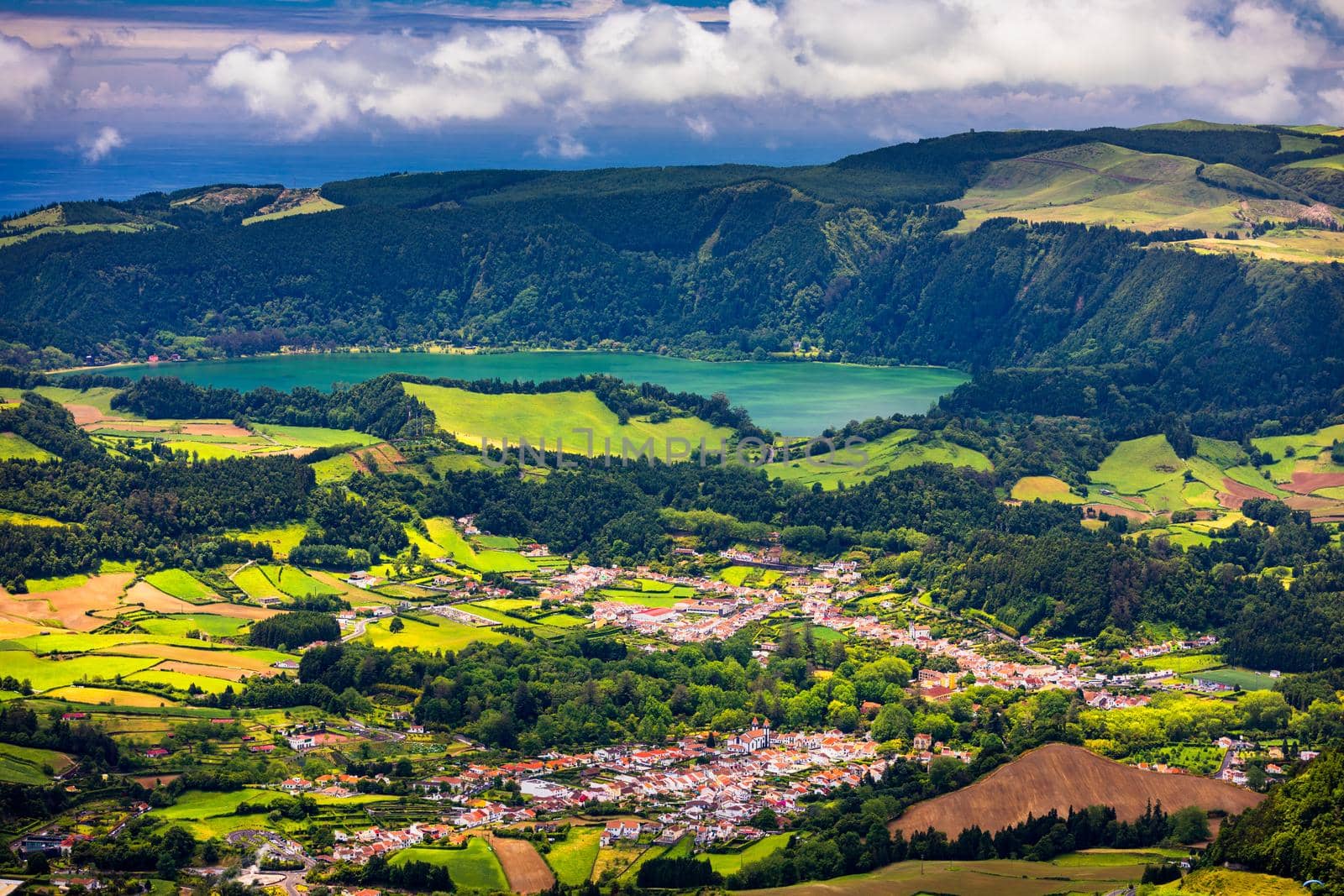 Landscape view in Salto do Cavalo (Horse Jump) with the Lagoon of Furnas in the Background, São Miguel island, Azores, Portugal. Miradouro do Salto do Cavalo in Sao Miguel, Azores, Portugal