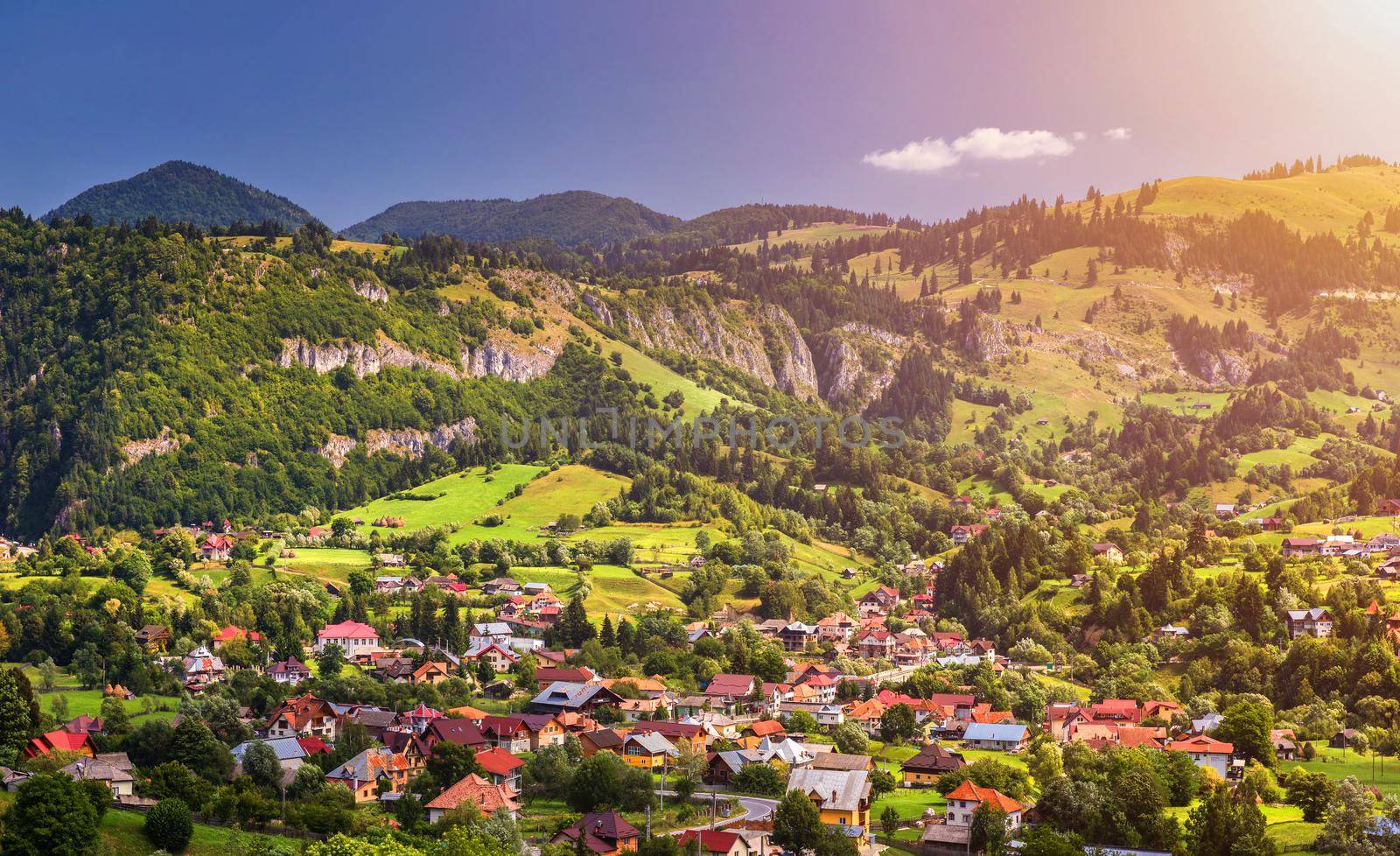 Summer alpine Transylvania landmark, landscape with green fields and valleys, high Piatra Craiului mountains, Carpathians, Transylvania, Romania, Europe