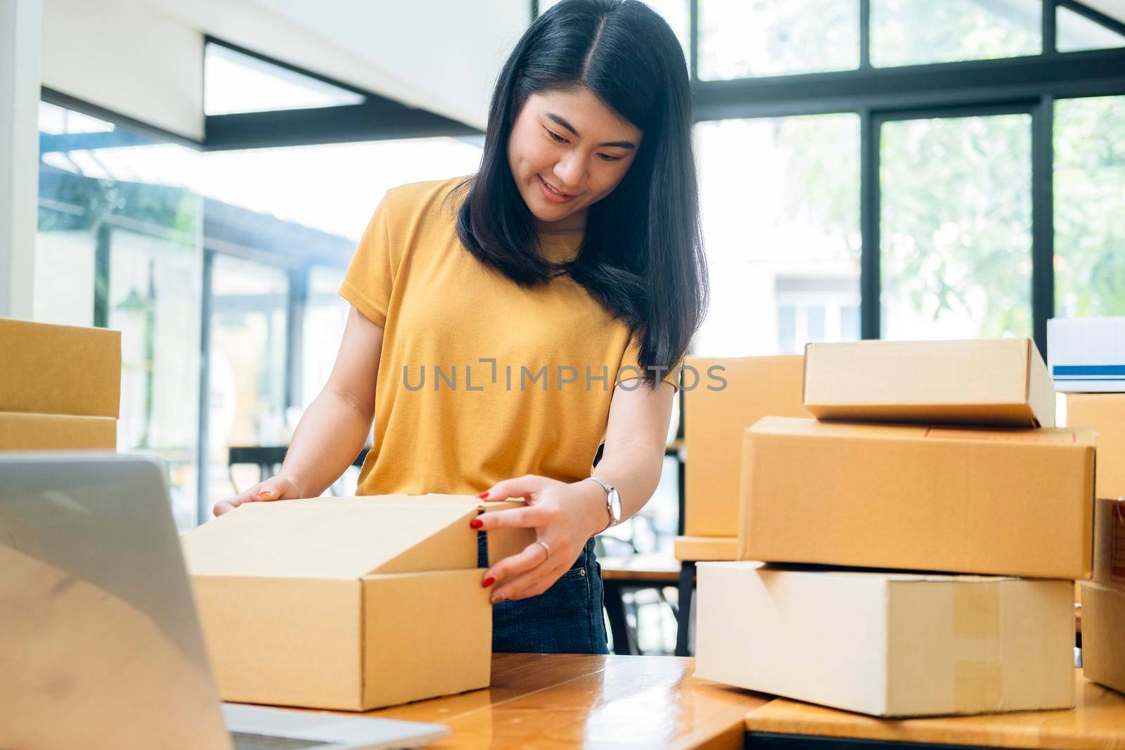 Online small business owner. Young startup entrepreneur online small business owner working at home, packaging and delivery situation. 