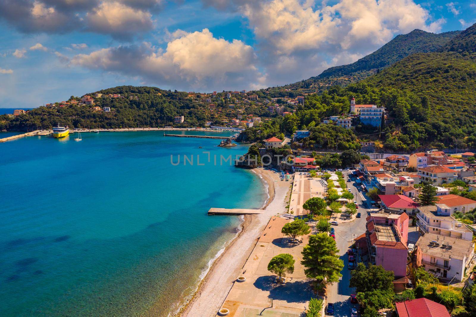 Aerial view of city of Poros, Kefalonia island in Greece. Poros city in middle of the day. Cephalonia or Kefalonia island, Ionian Sea, Greece. Poros village, Kefalonia island, Ionian islands, Greece.