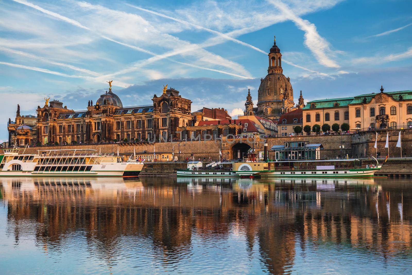Dresden panorama with Bruhl Terrace (so called Balcony of Europe), the Church of Our Lady and the Elbe, Dresden, Saxony, Germany