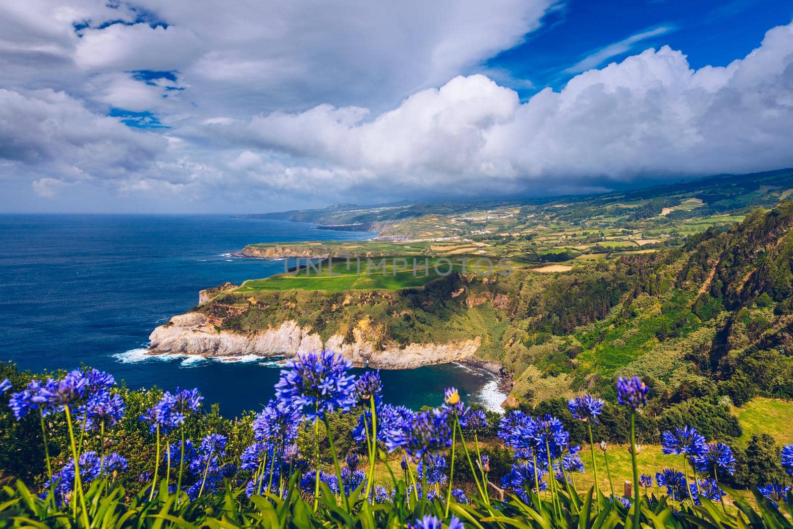 Azores panoramic view of natural landscape, wonderful scenic island of Portugal. Beautiful lagoons in volcanic craters and green fields. Tourist attraction and travel destination. Azores, Portugal.