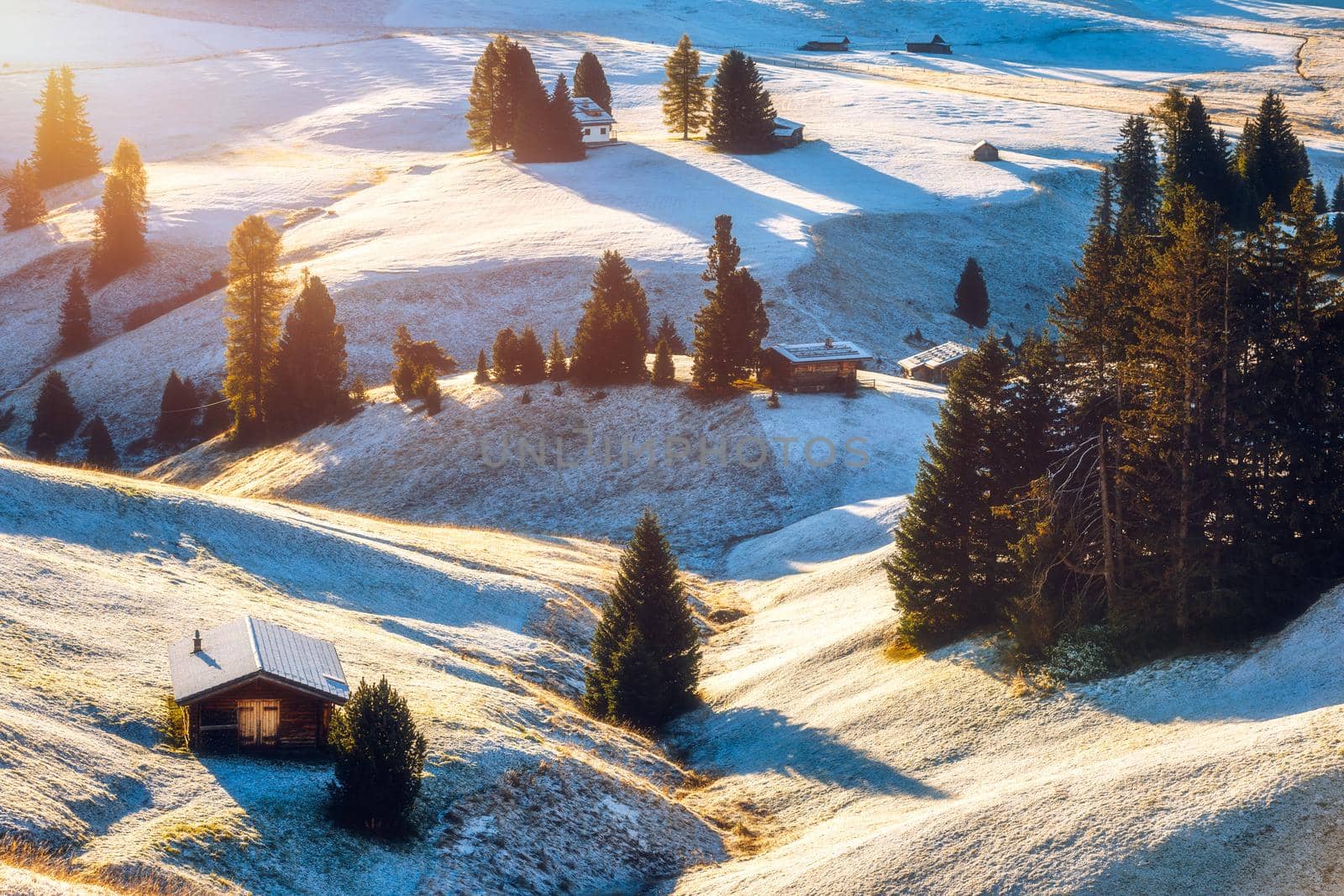 Alpe di Siusi or Seiser Alm with Sassolungo, Langkofel mountain group in background. Alpe di Siusi or Seiser Alm, Sassolungo and Sassopiatto mountains, Trentino Alto Adige, Sud Tyrol, Italy, Europe.