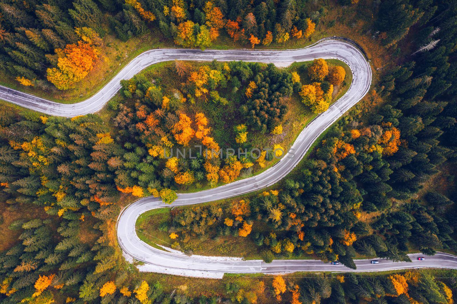 Curved bending road in the forest. Aerial image of a road. Forrest pattern. Scenic curvy road seen from a drone in autumn. Aerial top down view of zig zag winding mountain road, drone shot.