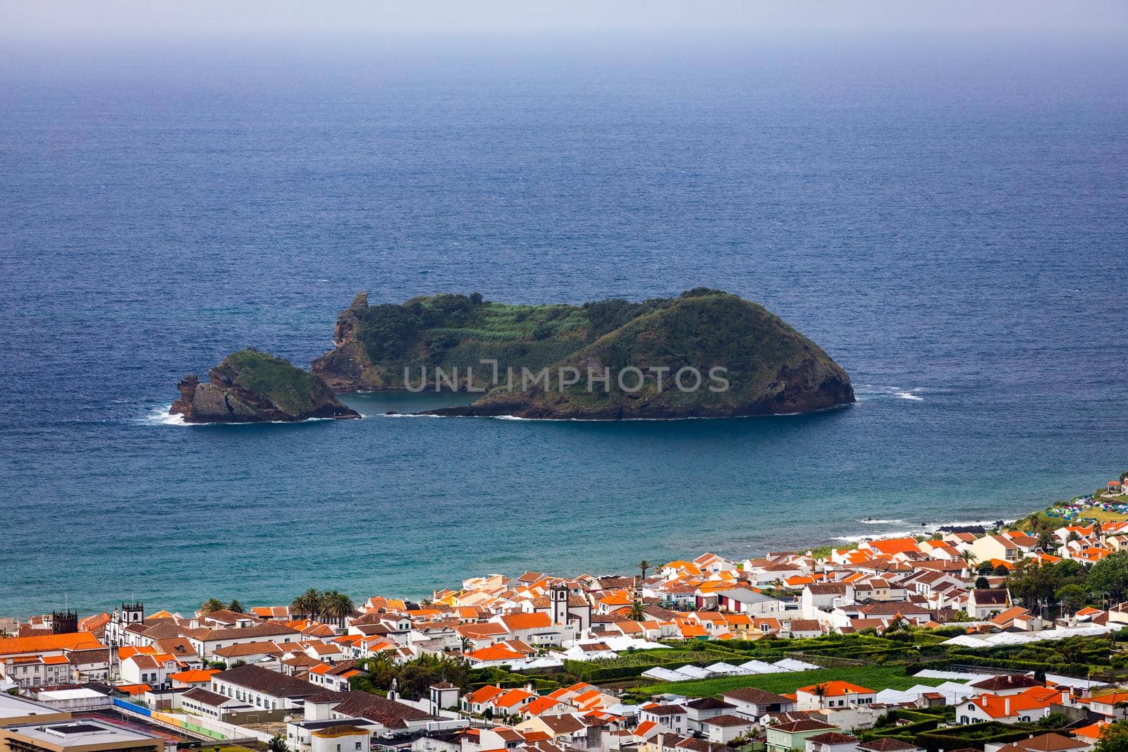 Island of Vila Franca do Campo from the chapel of Nossa Senhora da Page. San Miguel Island, Portugal. Travel to the Azores. Island of Vila Franca do Campo near San Miguel island, Azores, Portugal.