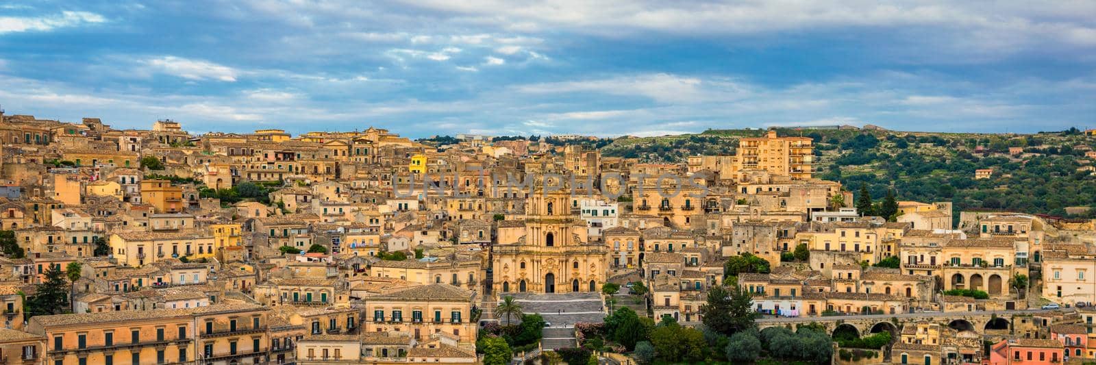 View of Modica, Sicily, Italy. Modica (Ragusa Province), view of the baroque town. Sicily, Italy. Ancient city Modica from above, Sicily, Italy