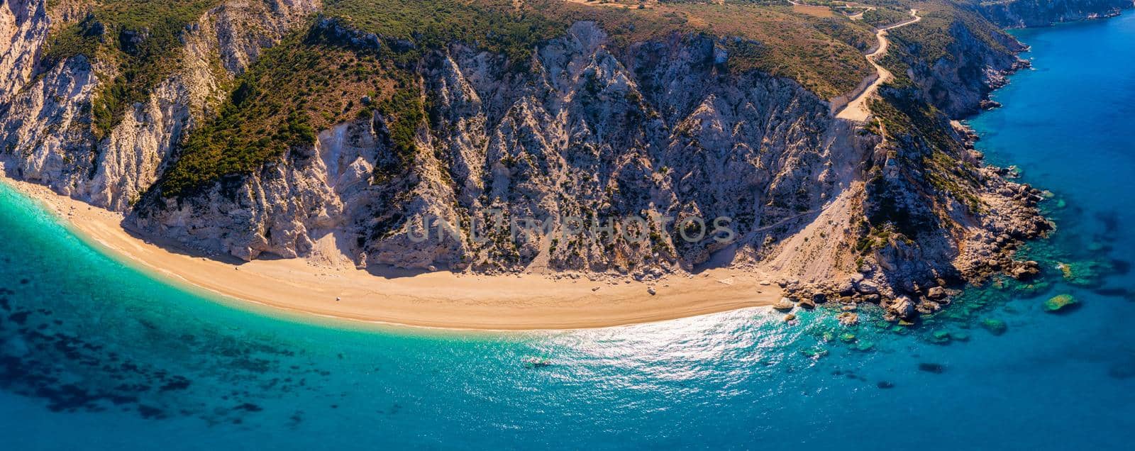 Famous Platia Ammos beach in Cephalonia (Kefalonia) island, Greece. Aerial view of Platia Ammos beach , one of famous beach in Kefalonia island in Greece. 