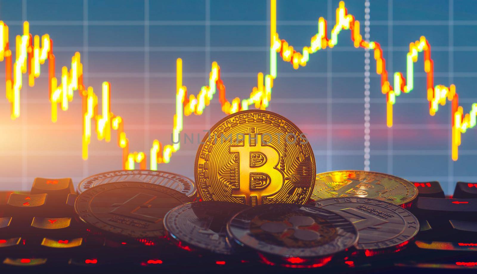 Bitcoin gold coin and defocused chart background. Virtual cryptocurrency concept. Bitcoins on ladder chart cryptocurrency concept. Bitcoin currency with blockchain concept.