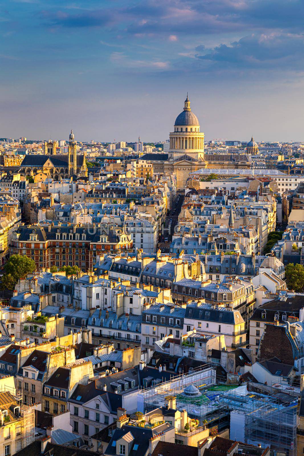 Panoramic view of Paris with the Pantheon at sunset, France. View of the Pantheon and the latin district at sunset, Paris, France. 