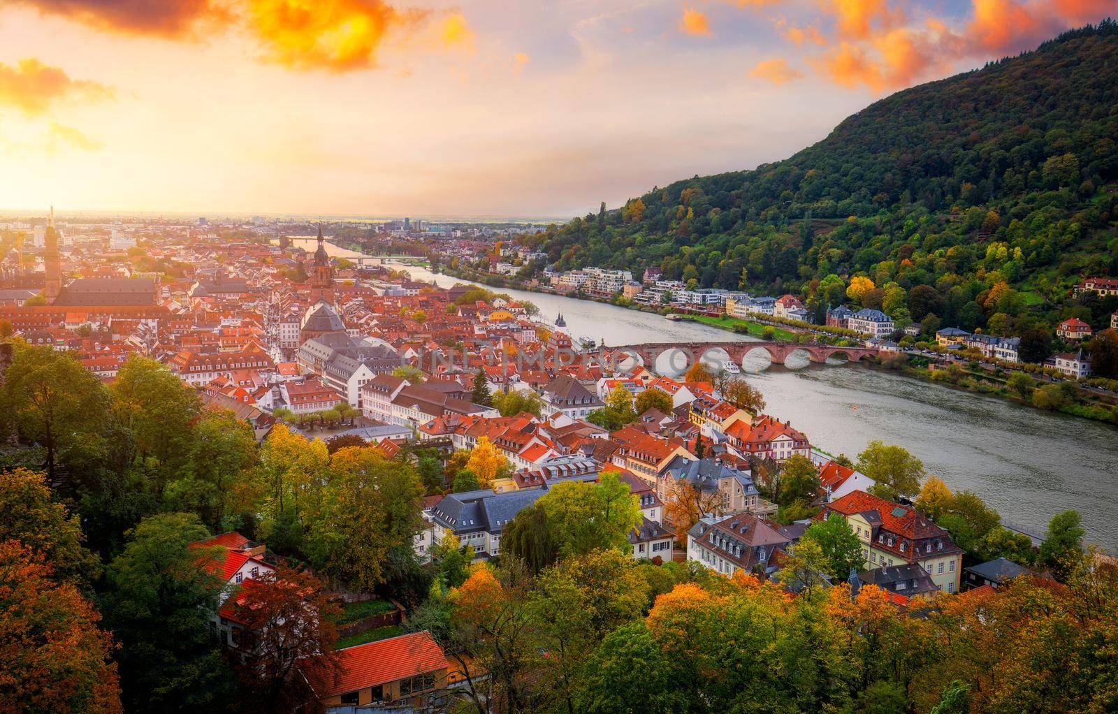 Heidelberg skyline aerial view from above. Heidelberg skyline aerial view of old town river and bridge, Germany. Aerial View of Heidelberg, Germany Old Town. Video of the aerial view of Heidelberg.