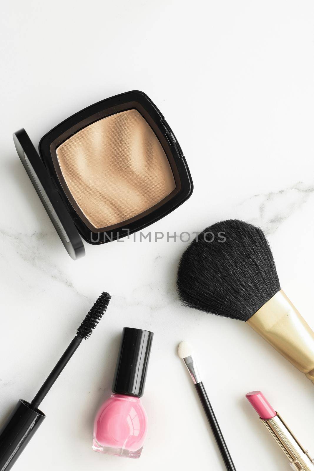 Make-up and cosmetics products on marble, flatlay background - modern feminine lifestyle, beauty blog and fashion inspiration concept