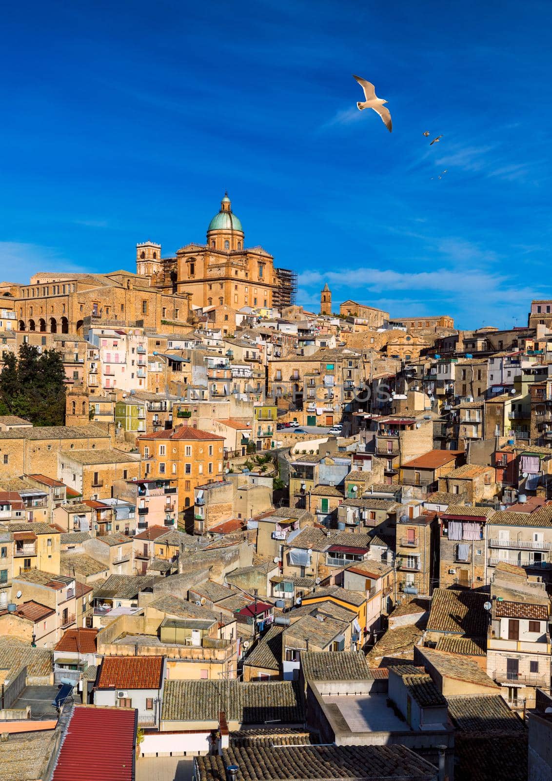 Piazza Armerina in the Enna province of Sicily in Italy. Piazza Armerina cityscape with the Cathedral SS. Assunta and old town, Sicily, Piazza Armerina, Province of Enna, Sicily, Italy, Europe.