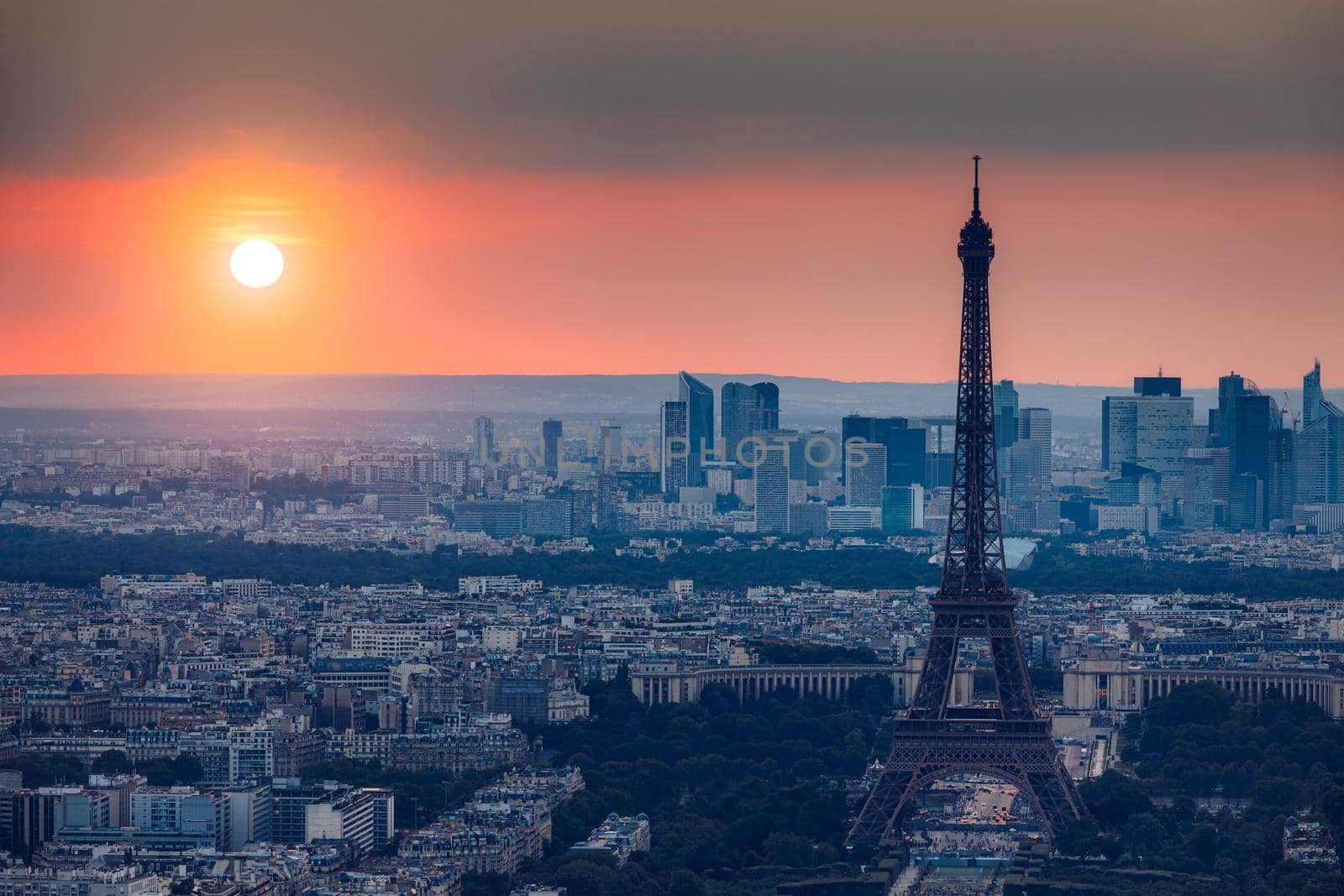 High resolution aerial panorama of Paris, France taken from the Notre Dame Cathedral before the destructive fire of 15.04.2019. The river Seine. Aerial view of Paris at sunset. Paris, France.