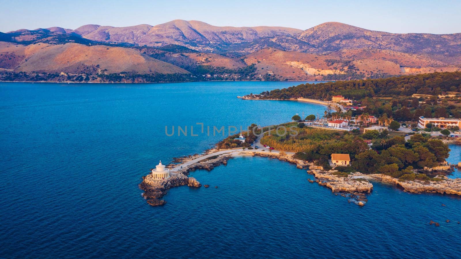Aerial view of Lighthouse of Saint Theodore in Lassi, Argostoli, Kefalonia island in Greece. Saint Theodore lighthouse in Kefalonia island, Argostoli town, Greece, Europe.