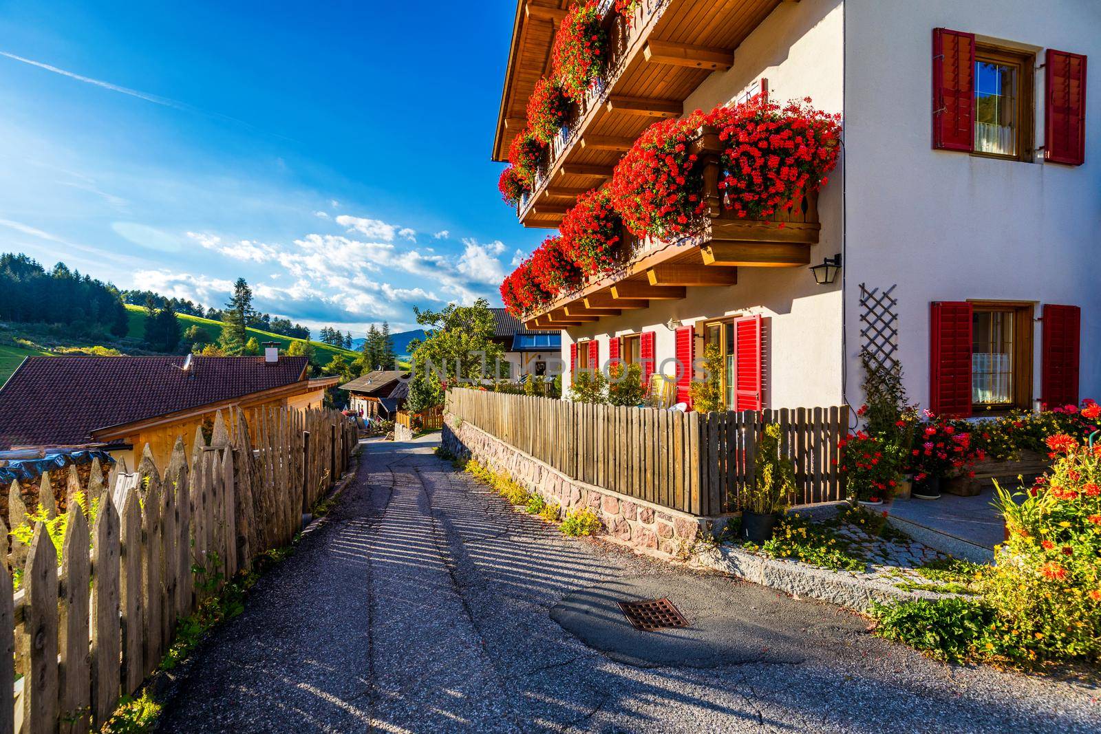 Street view of Santa Maddalena (Santa Magdalena) village, Val di Funes valley, Trentino Alto Adige region, South Tyrol, Italy, Europe. Santa Maddalena Village, Italy. 