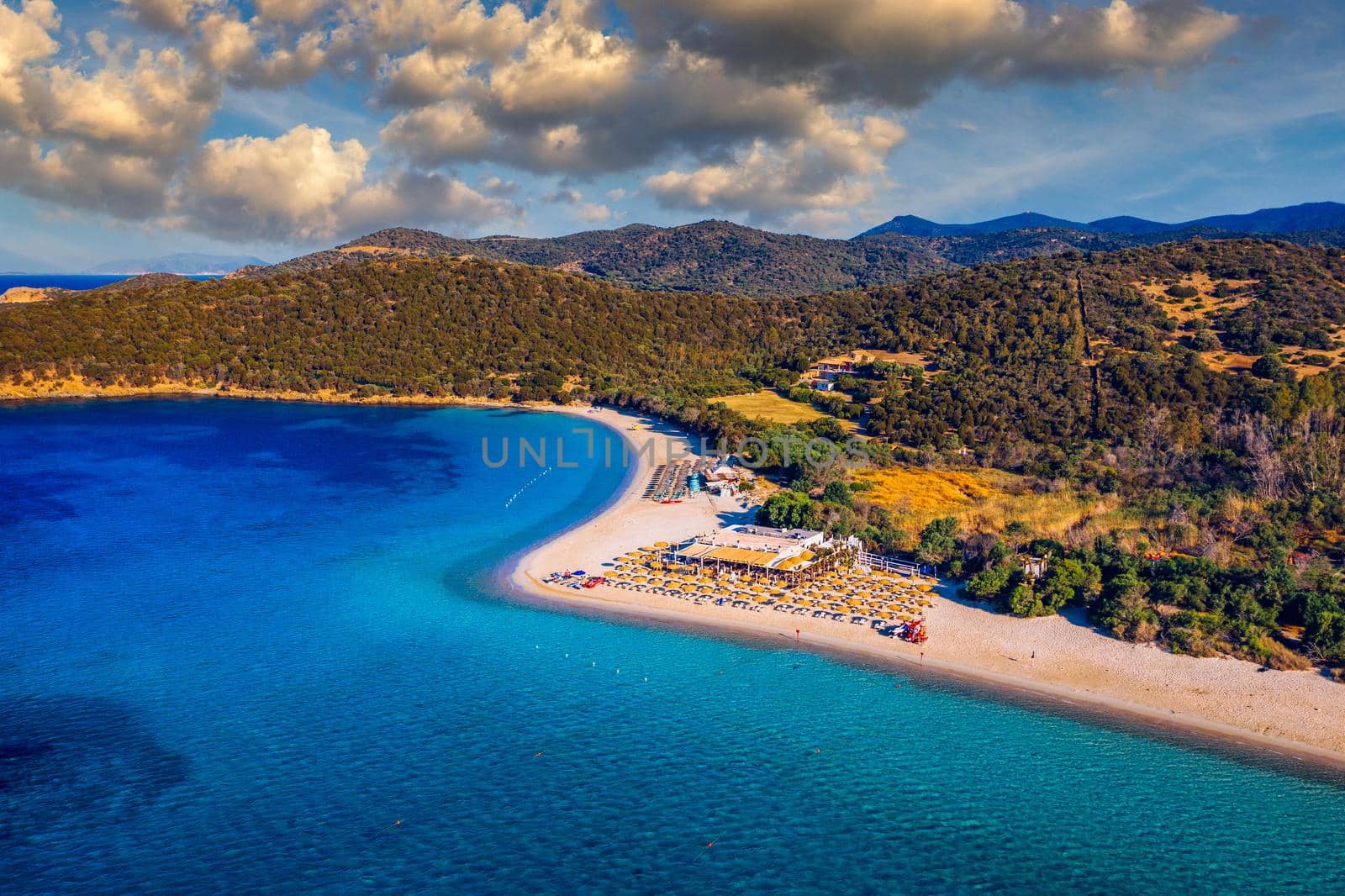 Aerial shot of Tuerredda beach on a beautiful day, Sardinia, Italy. Aerial drone view of Tuerredda in Sardegna. Famous Tuerredda beach on the south of Sardinia near Teulada. Sardinia, Italy.