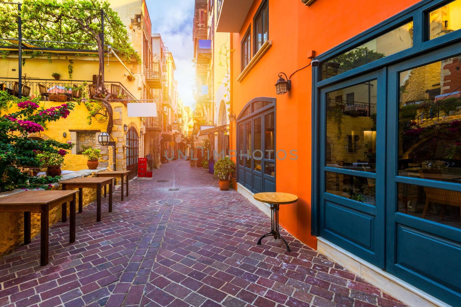 Street in the old town of Chania, Crete, Greece. Charming streets of Greek islands, Crete. Beautiful street in Chania, Crete island, Greece. Summer landscape. Chania old street of Crete island Greece.