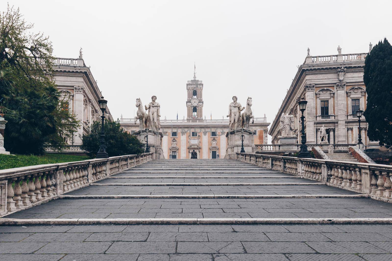 Cordonata staircase and white statues of Castor and Pollux in Piazza del Campidoglio (Capitoline Square) on the Capitoline Hill, Rome, Italy