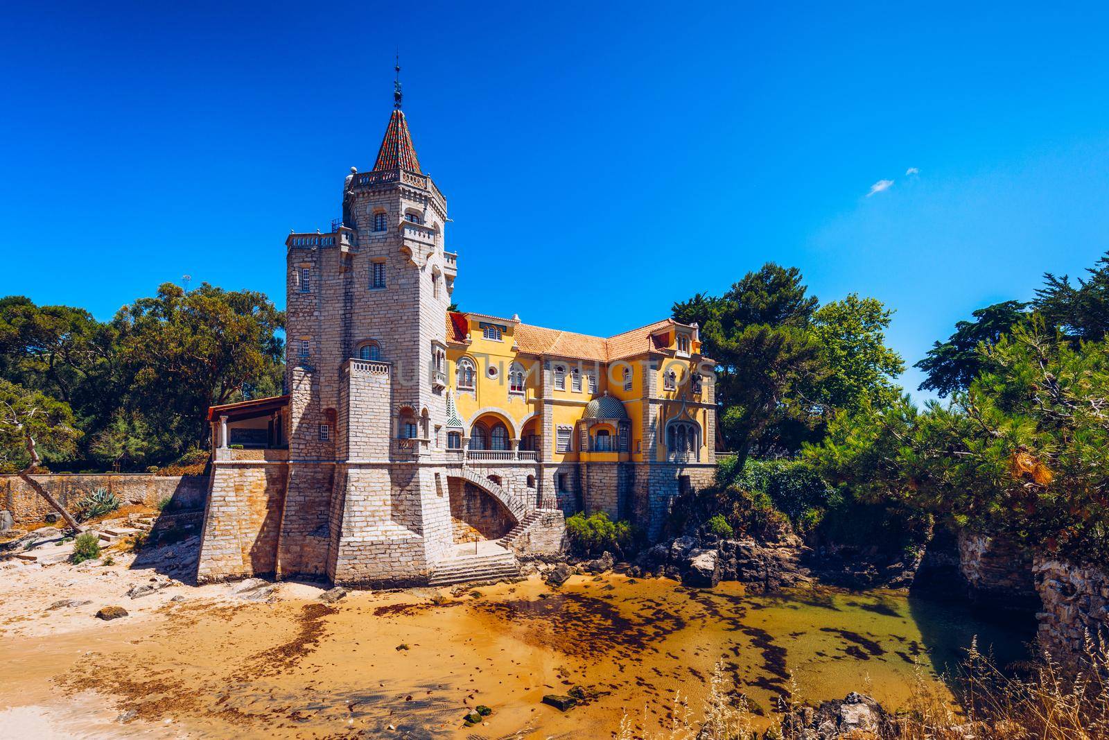 Museu Condes de Castro Guimaraes in Cascais, Lisbon, Portugal. Building of the museum Conde Castro Guimaraes in the pretty gardens of Jardim Marechal Carmona, Cascais, Portugal.
