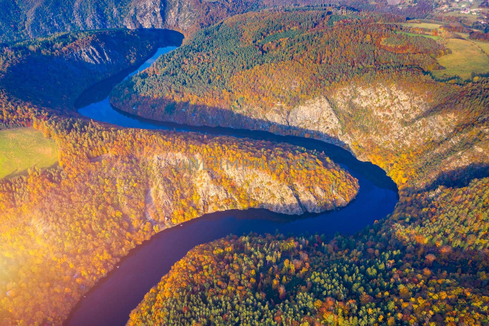 Beautiful view of Vltava river from Maj viewpoint. Czech Republic, Krnany, Europe. Maj viewpoint next to Prague in central Bohemia, Czech Republic. Aerial view of incredible Vyhlidka Maj.