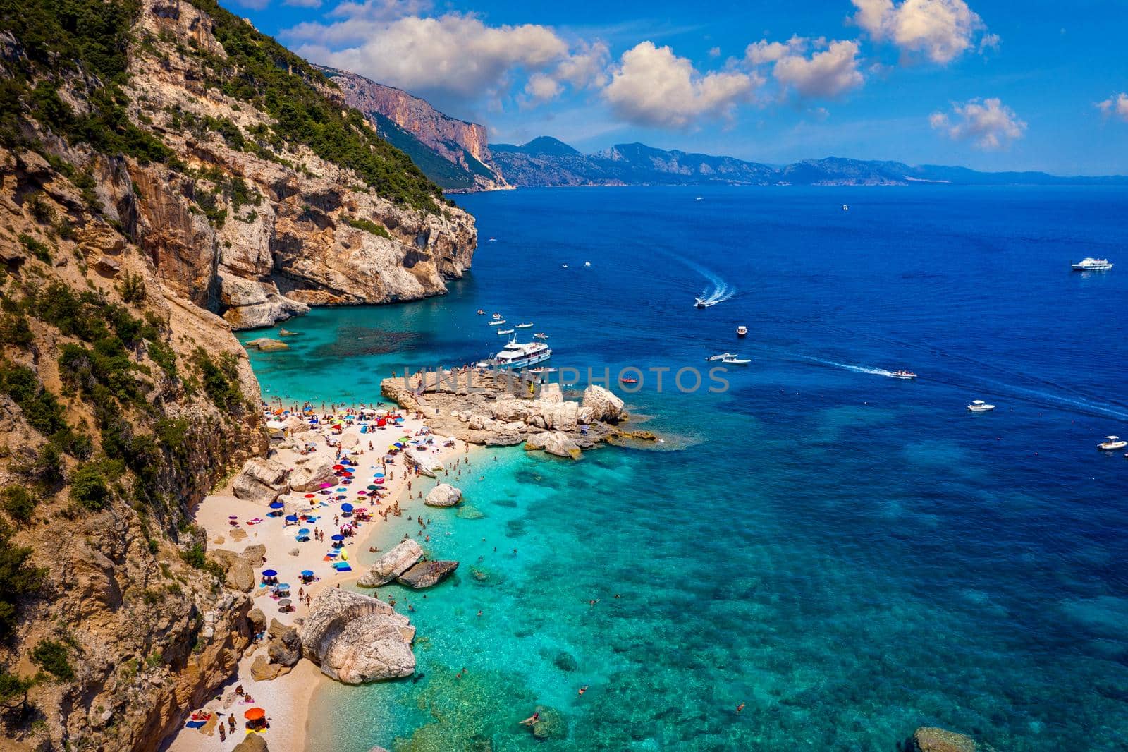 Cala Mariolu view from above. Cala Mariolu famous beach. Italy Sardinia Nuoro province National Park of the Bay of Orosei and Gennargentu Cala Mariolu listed as World Heritage. Sardinia, Italy.