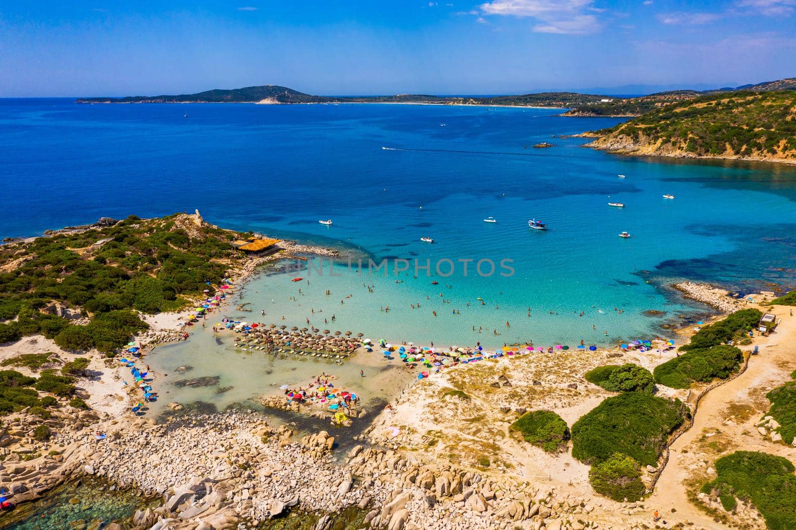 Cost of Sardinia: Peninsula of Punta Molentis. View of beautiful beach at Punta Molentis, Villasimius, Sardinia, Italy. Beautiful bay with sandy beach at Punta Molentis, Sardinia island, Italy.
