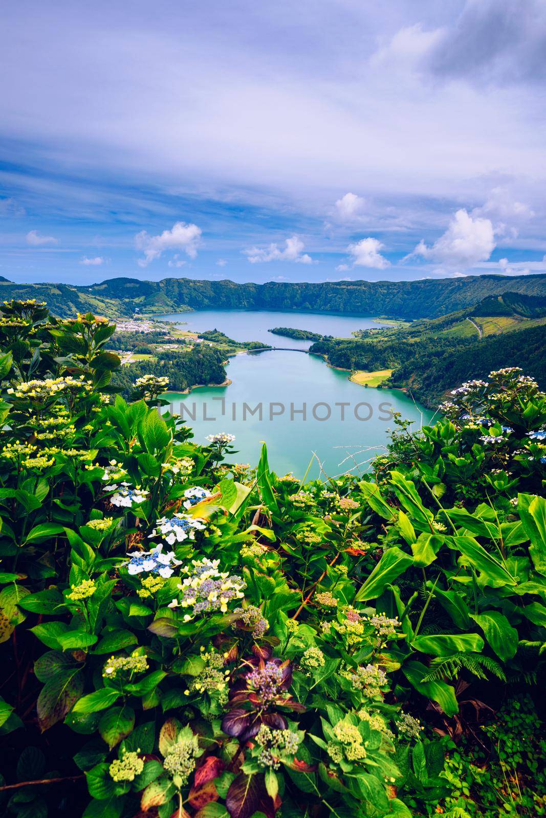 The Astonishing Lagoon Of The Seven Cities (Lagoa Das 7 Cidades), In Sao Miguel Azores, Portugal. Lagoon of the Seven Cities, Sao Miguel island, Azores. Ocean, aerial. Sao Miguel, Azores, Portugal.