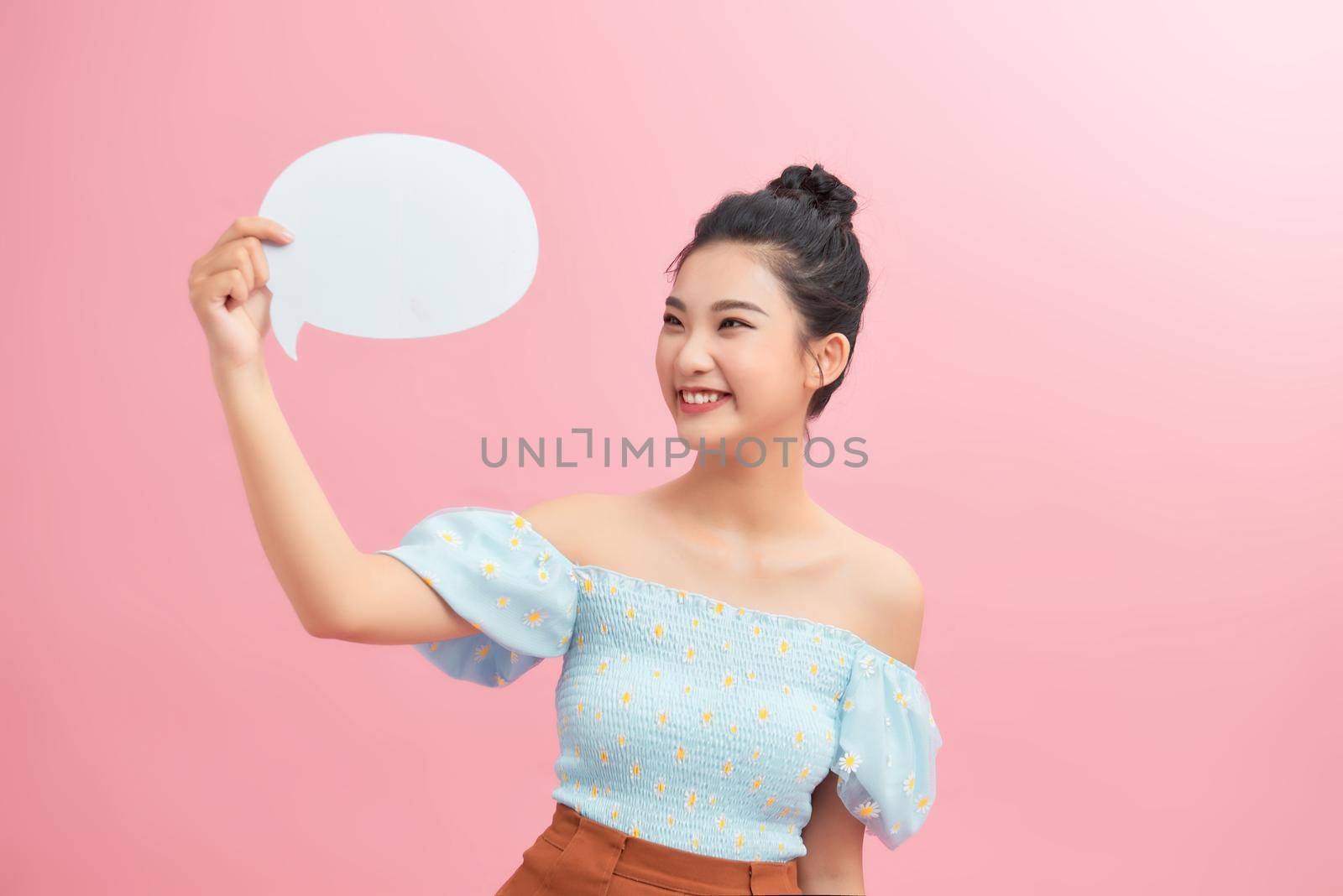 Idea and creativity concept. Girl cute with speech bubble.