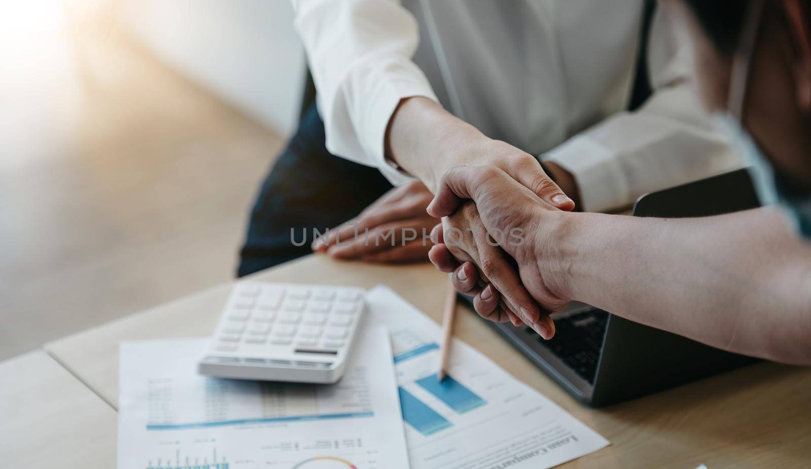 Financial accountants and marketers shaking hand to congratulate the real estate performance, business etiquette, congratulation, merger and acquisition concept