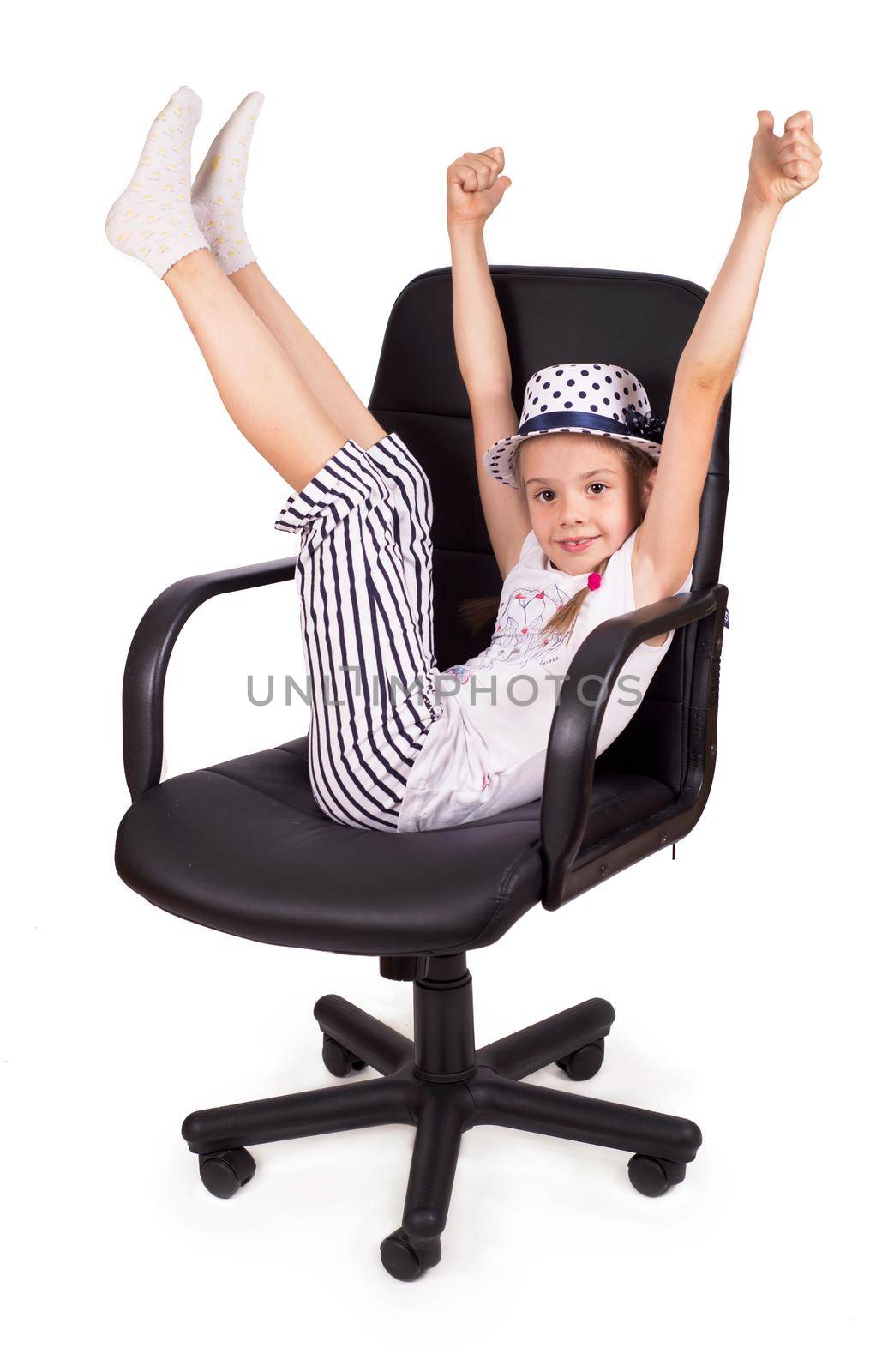 Office chair office chair office chair and little cheerful girl lifted her legs up isolated on white background. Modern adjustable chair from black leather. by aprilphoto