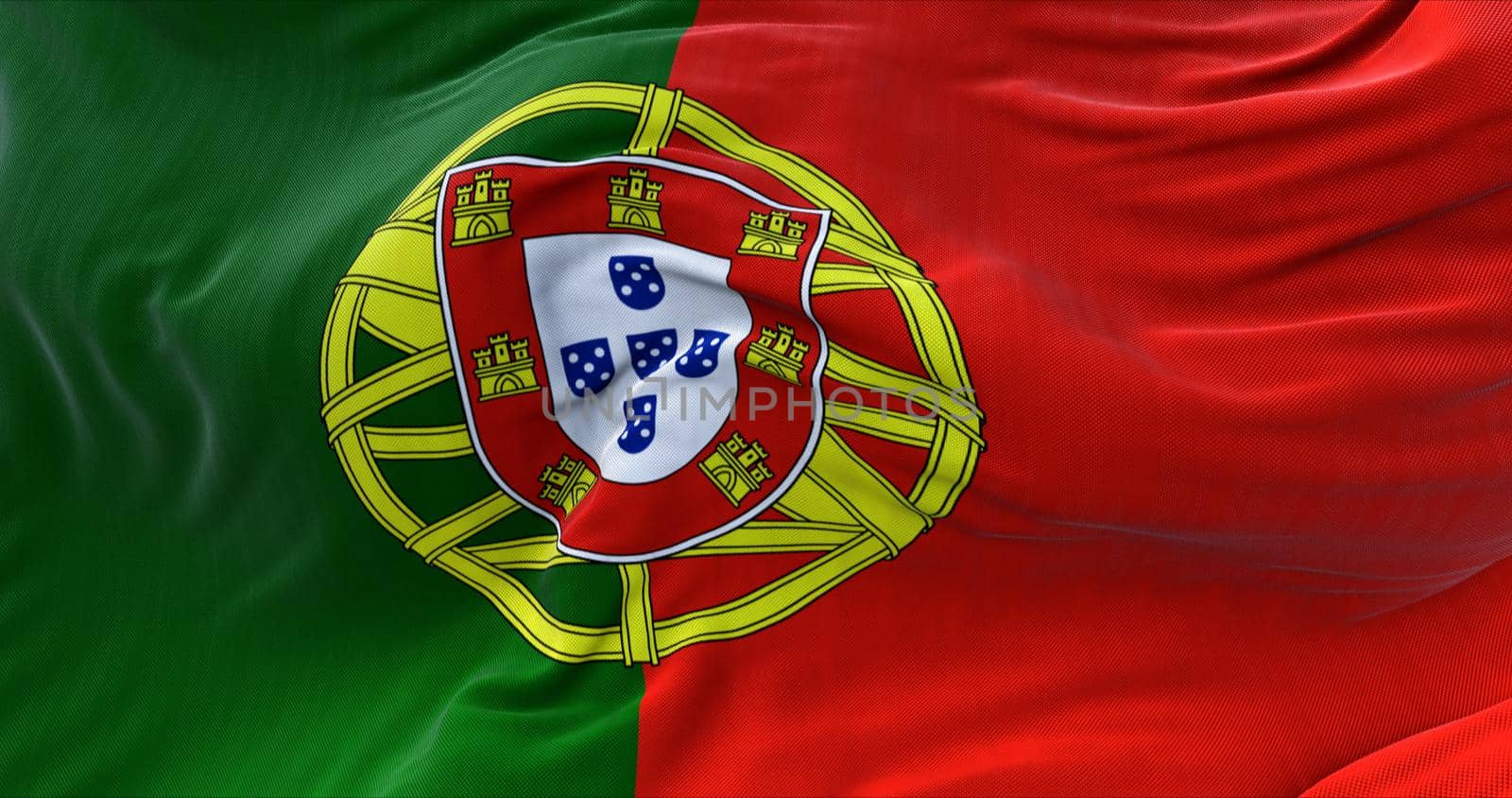 Detail of the national flag of Portugal flying in the wind. Democracy and politics.