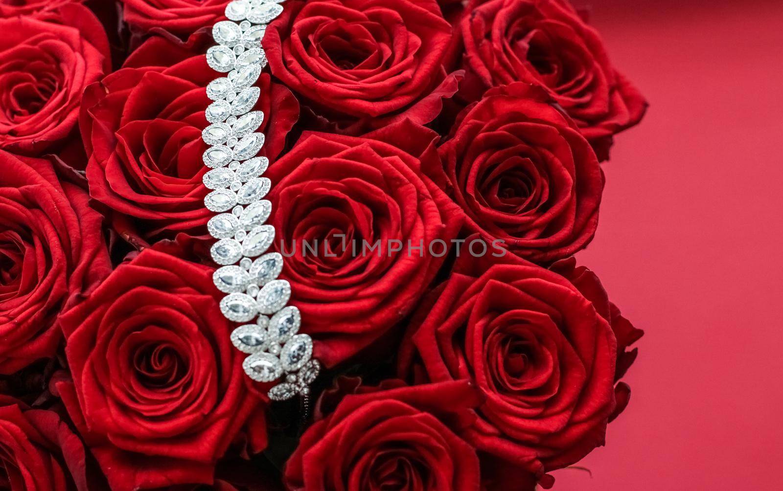 Luxury diamond bracelet and bouquet of red roses, jewelry love gift on Valentines Day and romantic holidays present by Anneleven