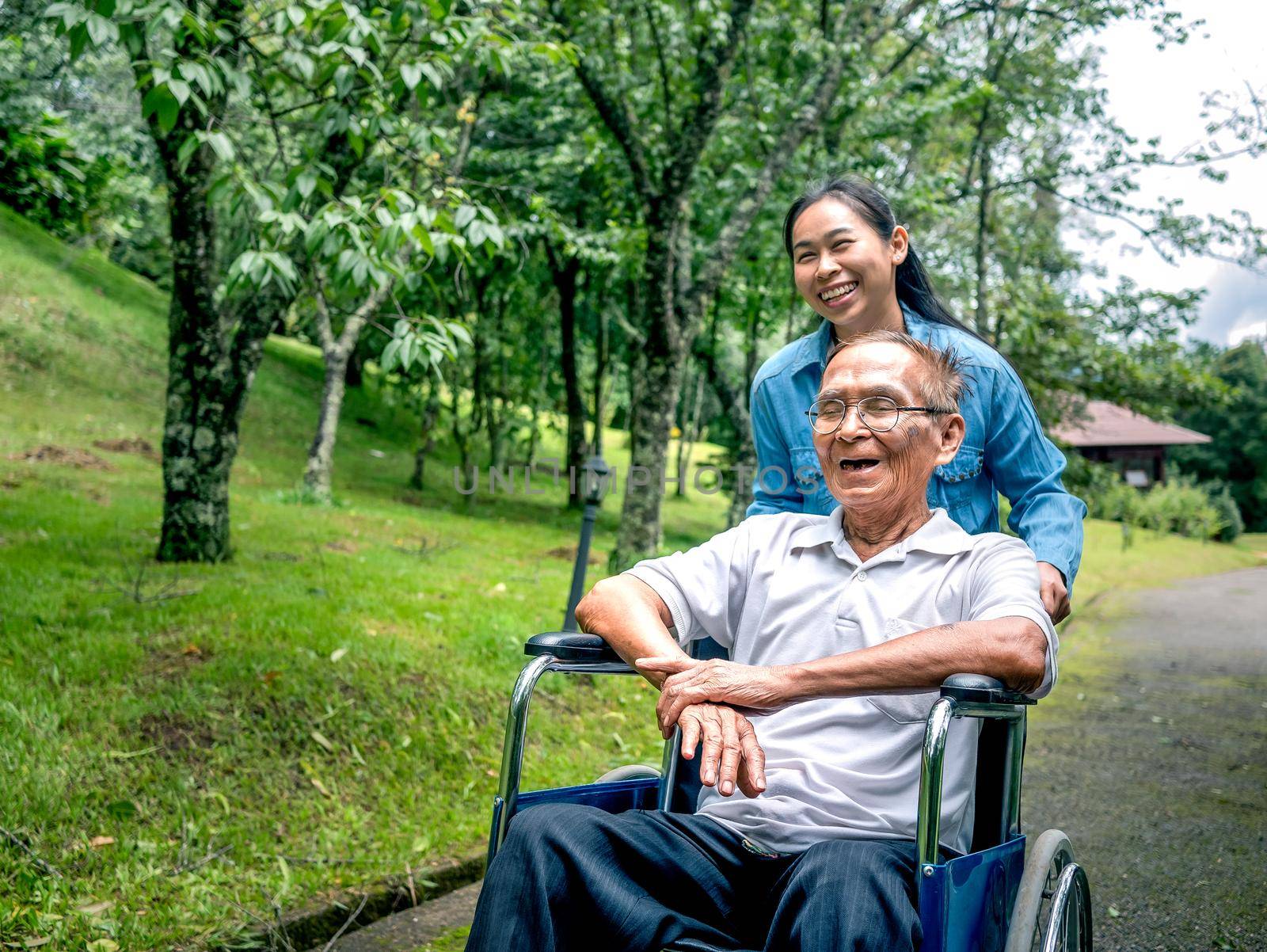 Grandfather in a wheelchair with granddaughter enjoying nature in the park. Family life on vacation. by TEERASAK