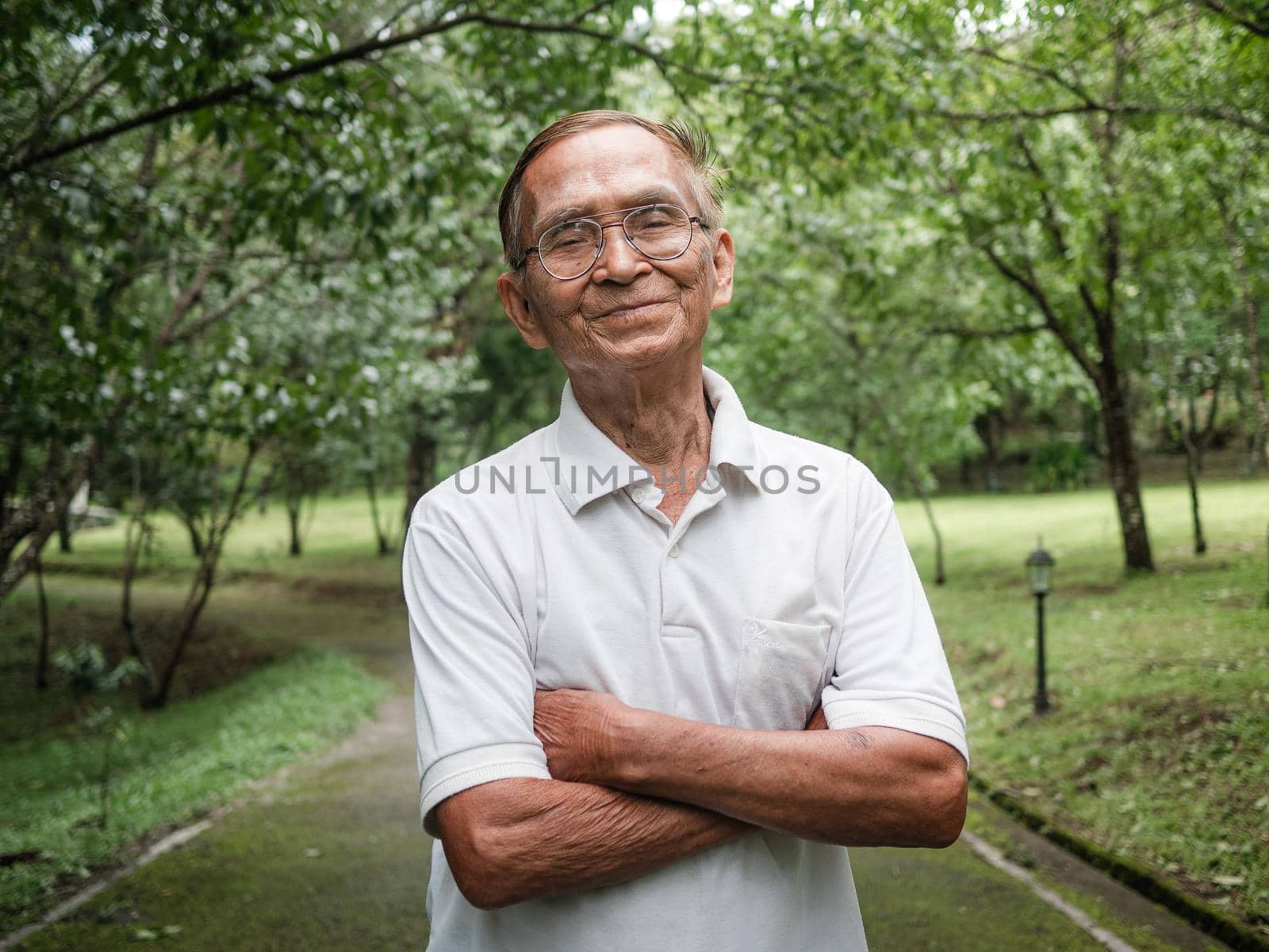 Portait of senior man enjoying nature in the park. Senior retired man enjoying the freedom of retirement. by TEERASAK