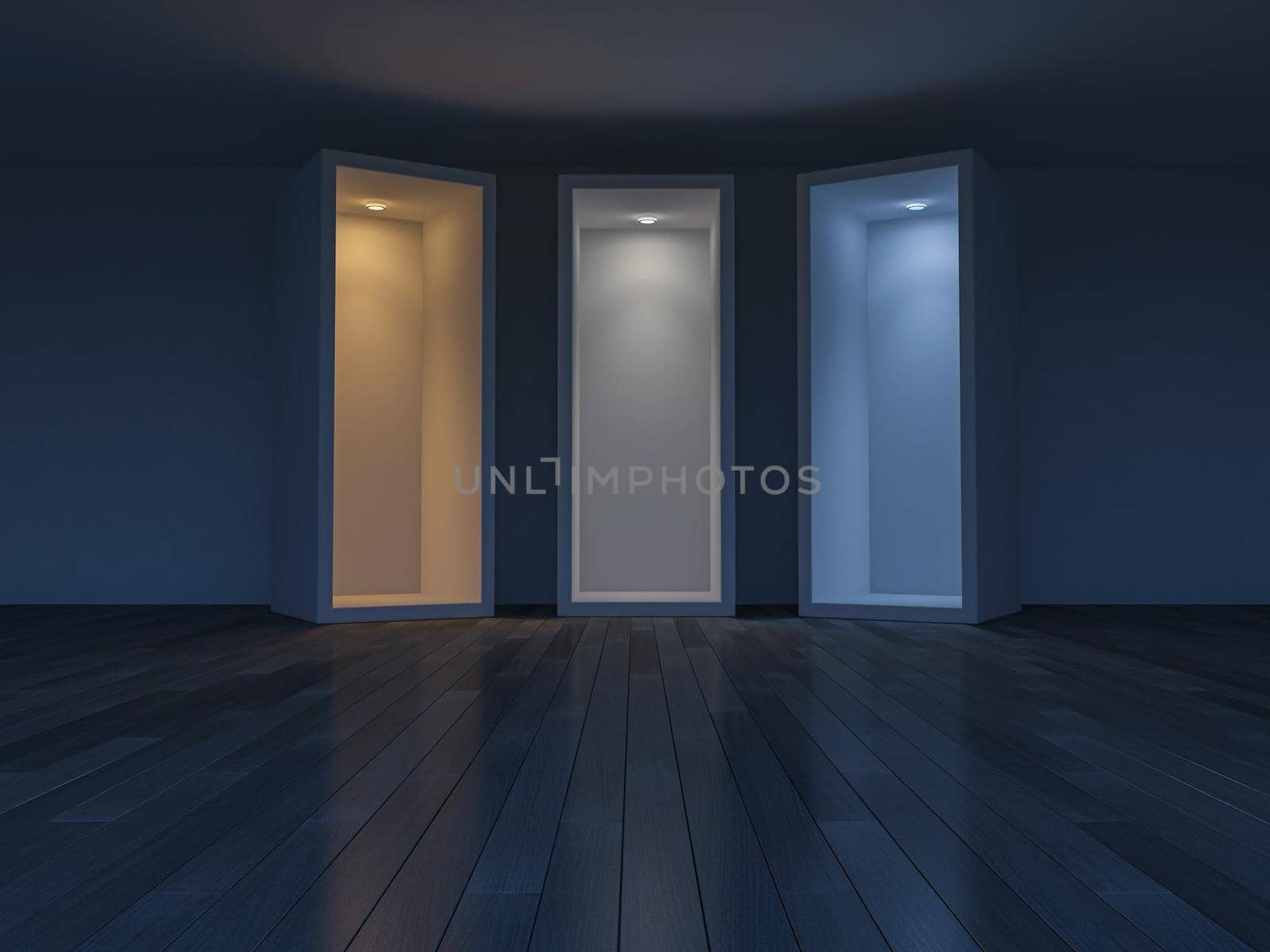 3D rendering image of 3 boxes which different light effect.Color temperature scale. spectrum color on the cracked concrete wall and wooden floor