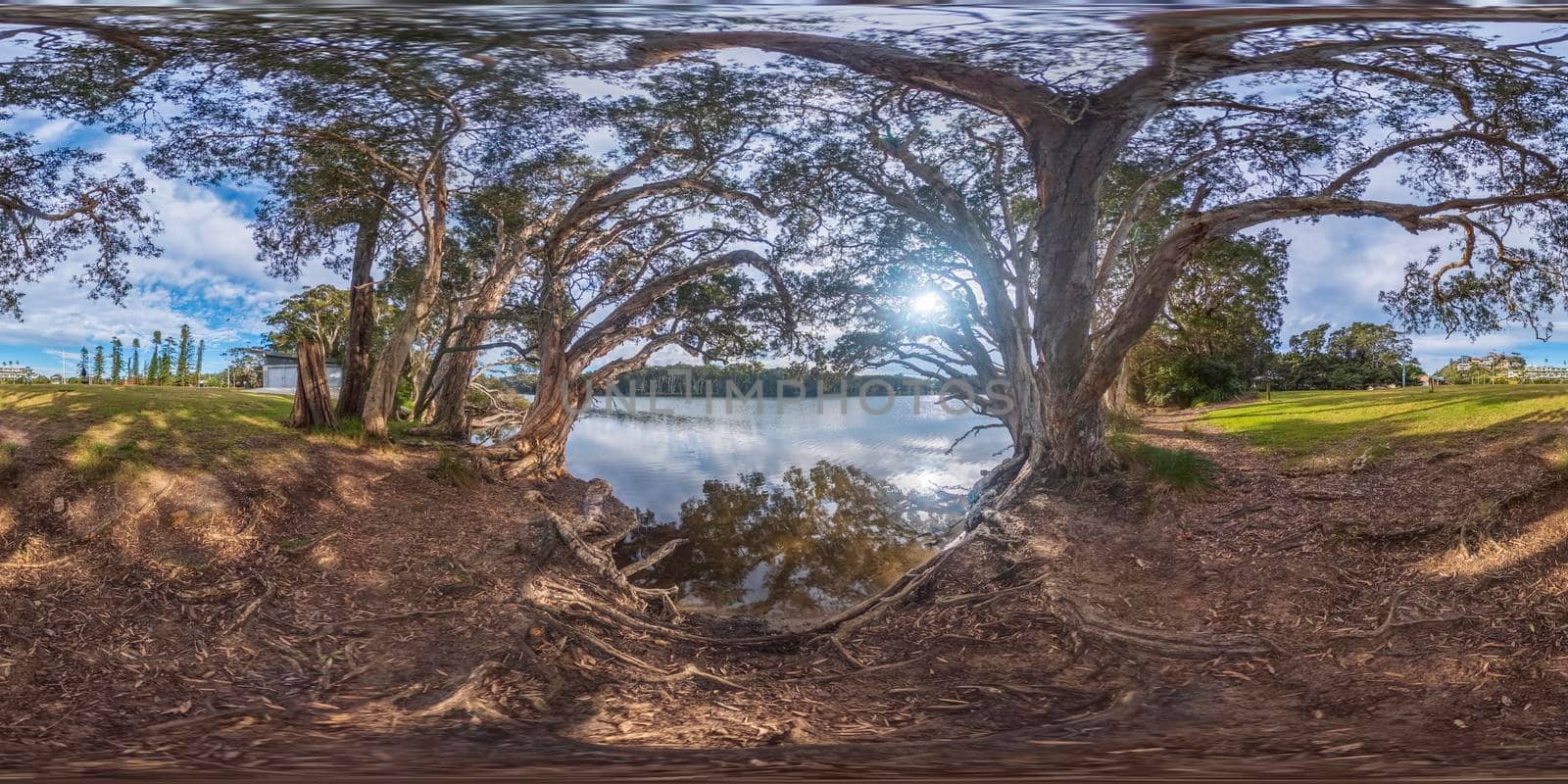 Spherical panoramic photograph of Avoca Lagoon in regional New South Wales in Australia