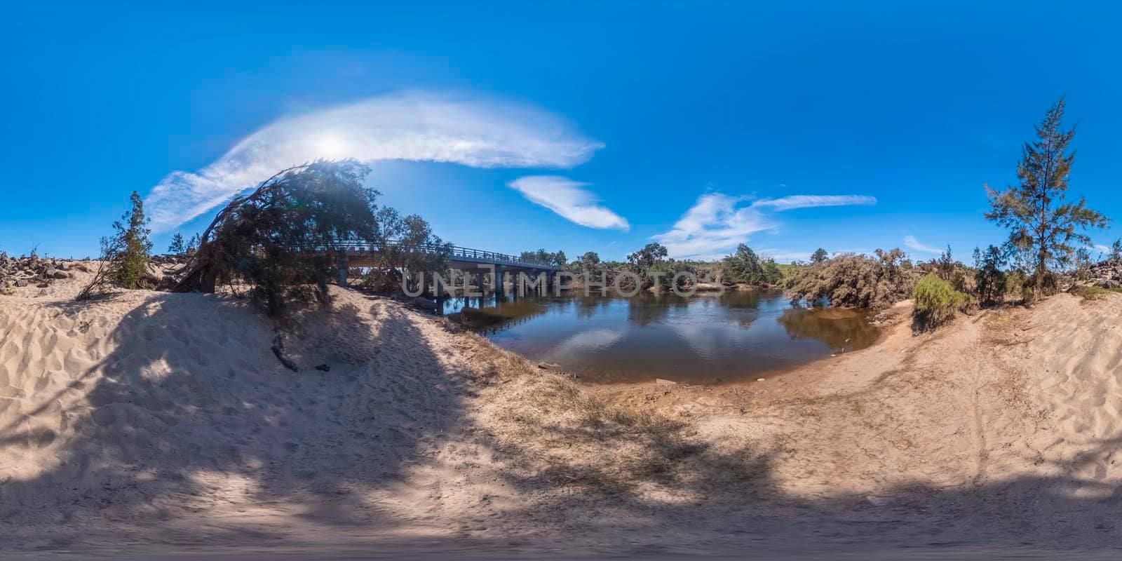 Spherical panoramic photograph of the Nepean River after severe flooding in Yarramundi Reserve in the Hawkesbury region of New South Wales in Australia