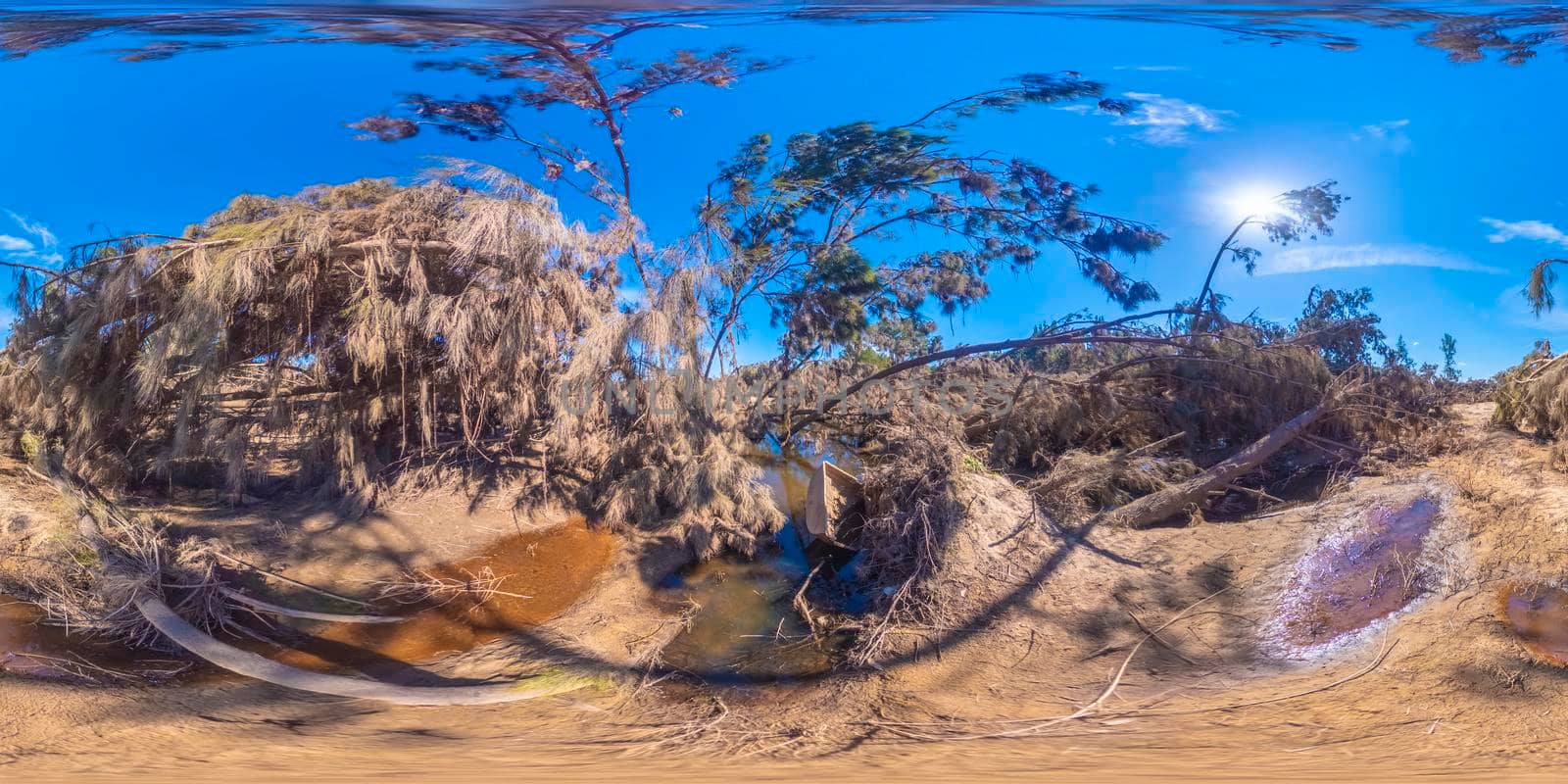 Spherical panoramic photograph of a small boat stuck in reeds in Yarramundi Reserve in regional Australia by WittkePhotos