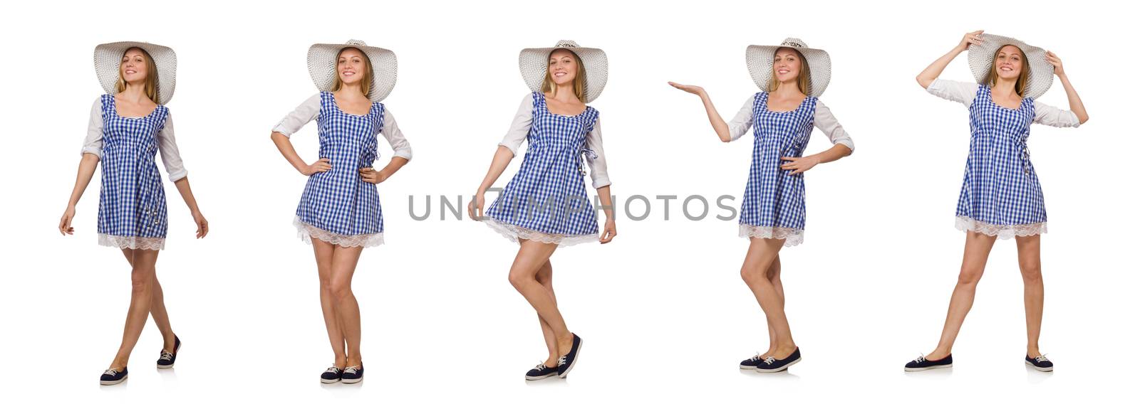 Smiling woman in plaid simple dress and hat isolated on the white