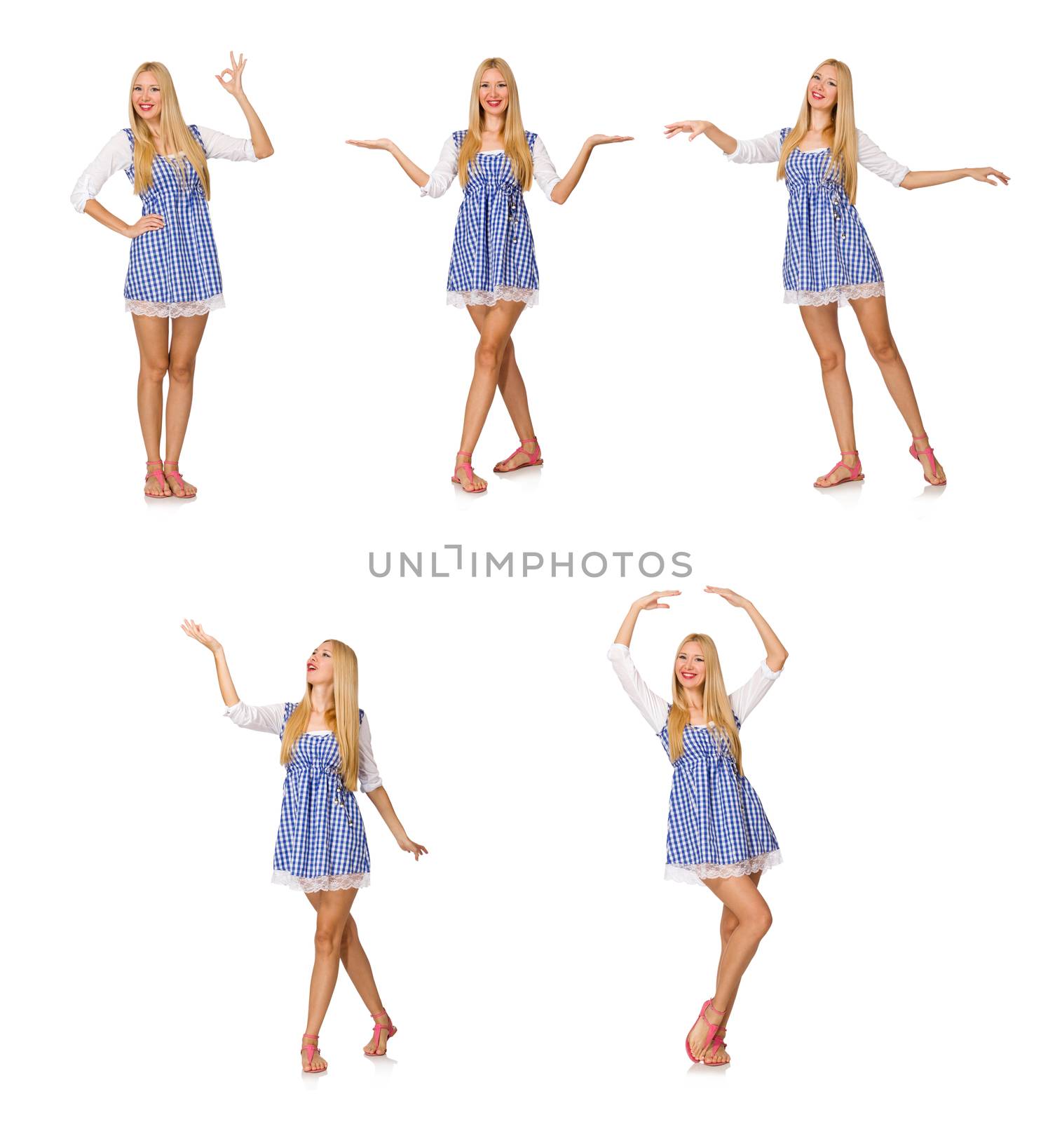 Caucasian woman in plaid blue dress isolated on white