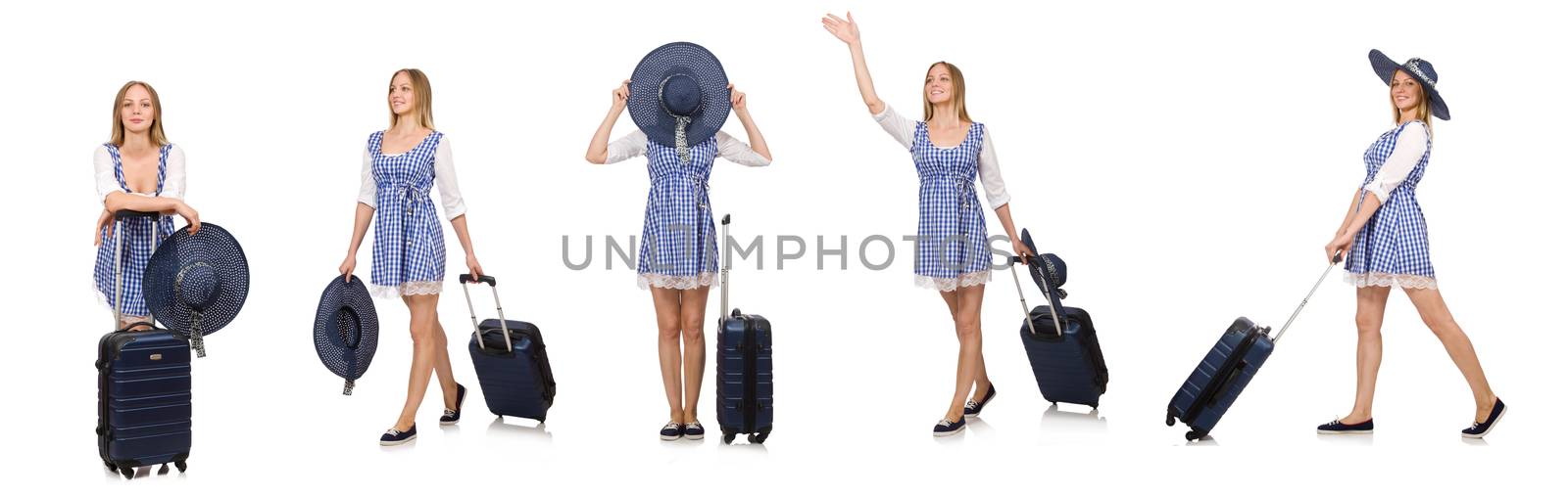 Woman ready for summer travel isolated on white