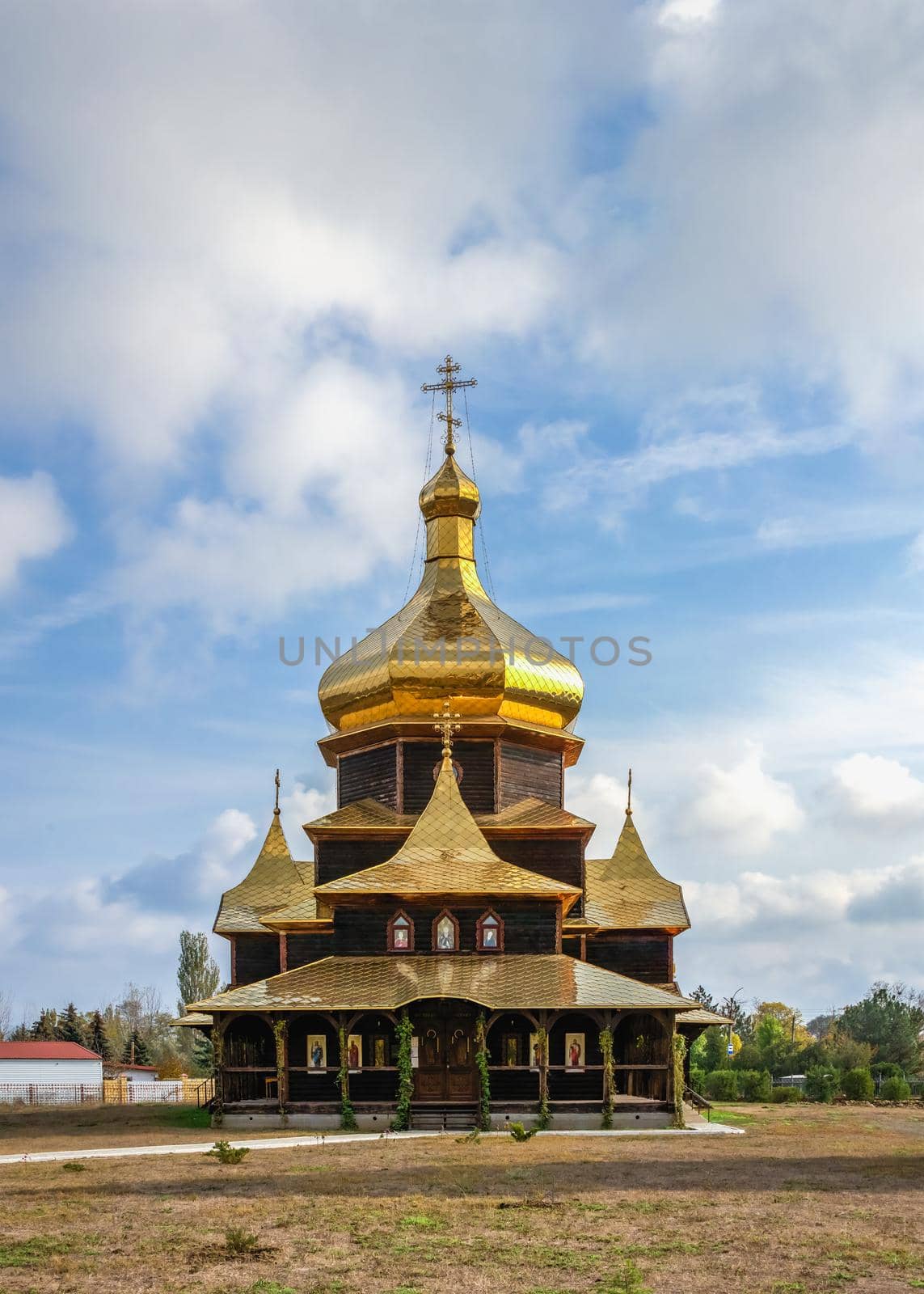 29.10.2020. Wooden Church of St. Sergius of Radonezh in Sergeevka resort, Odessa region, Ukraine, on a sunny autumn day