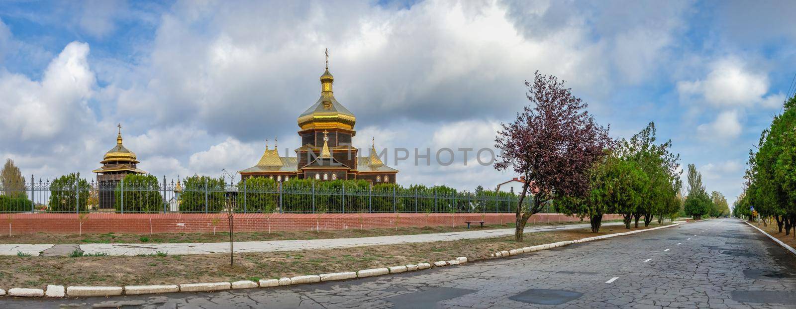 29.10.2020. Wooden Church of St. Sergius of Radonezh in Sergeevka resort, Odessa region, Ukraine, on a sunny autumn day