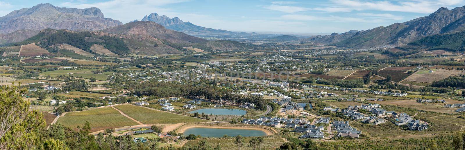 Panoramic view of Franschhoek in the Western Cape Province, as seen from the Franchhoek Pass