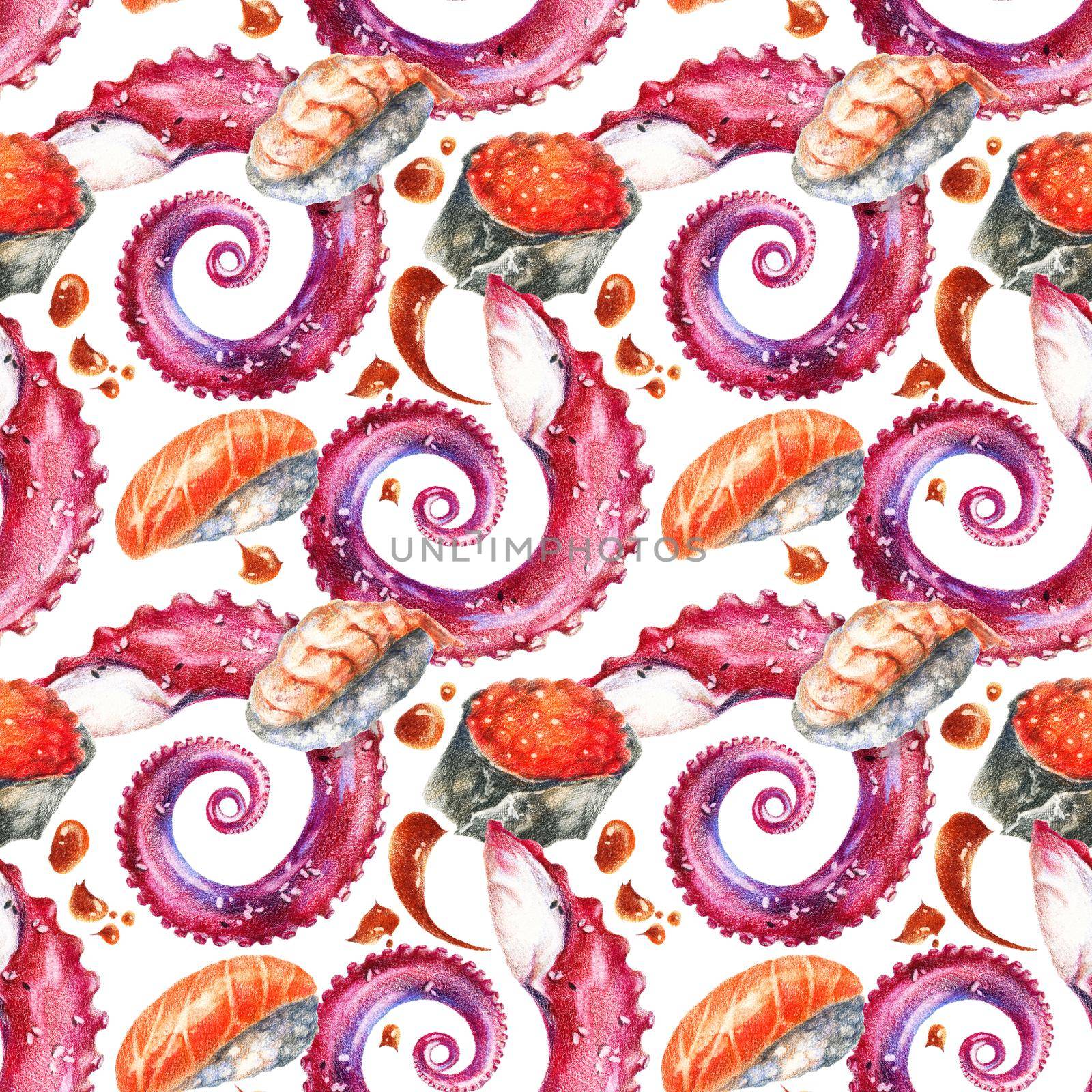 Color pencils realistic illustration of asian seafood - sushi, roll with caviar, octopus tentacle and soy sauce drops. Seamless pattern. Hand-drawn objects on white background.