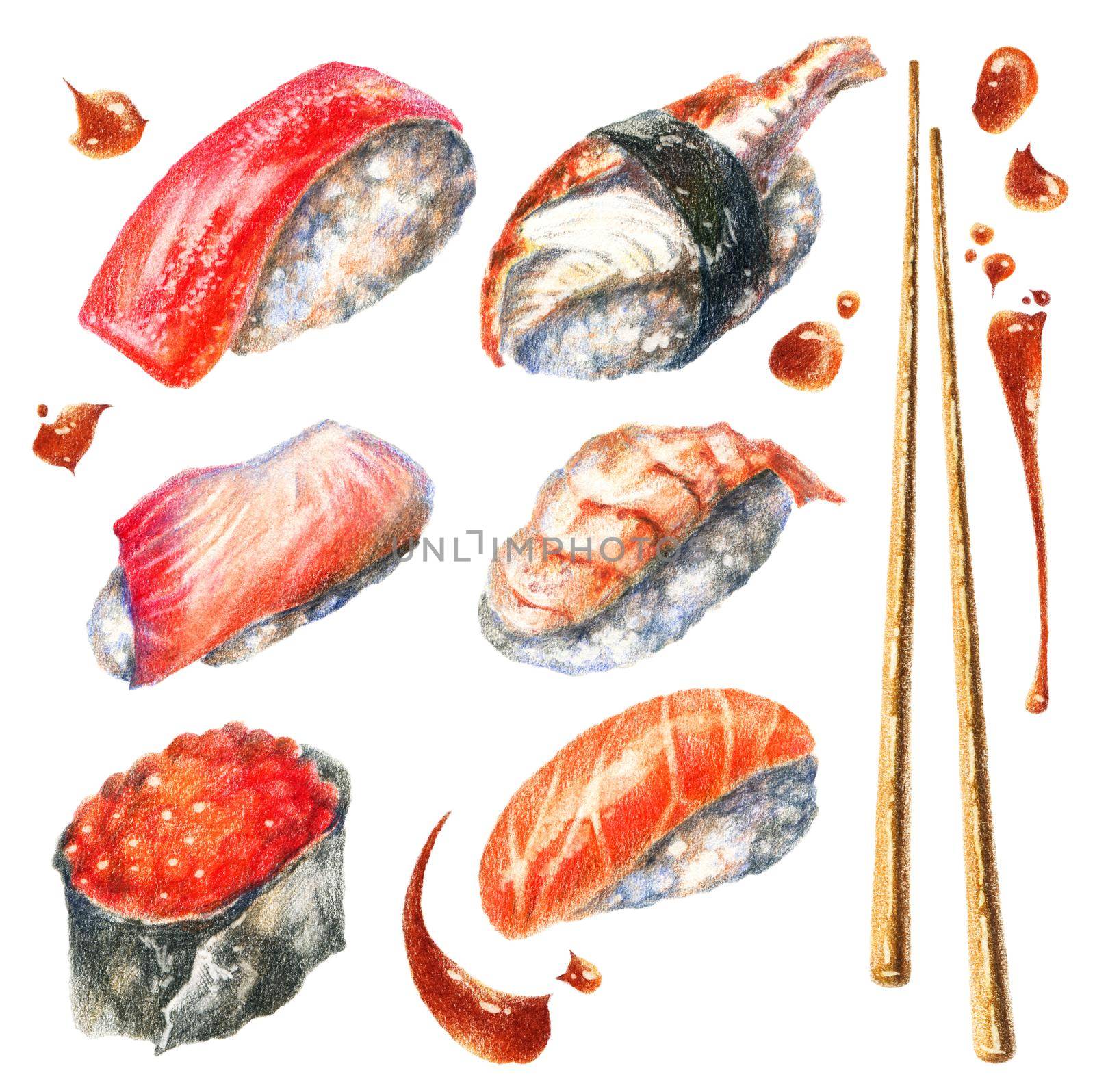 Color pencils illustration of sushi by Olatarakanova