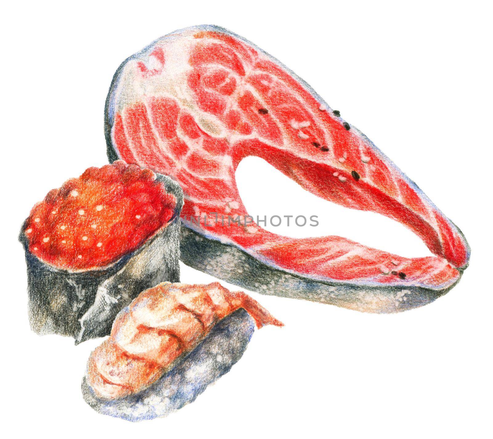 Color pencils realistic illustration of asian seafood - sushi with shrimp and chicken, roll with caviar and salmon fish steak. Hand-drawn food on white background.