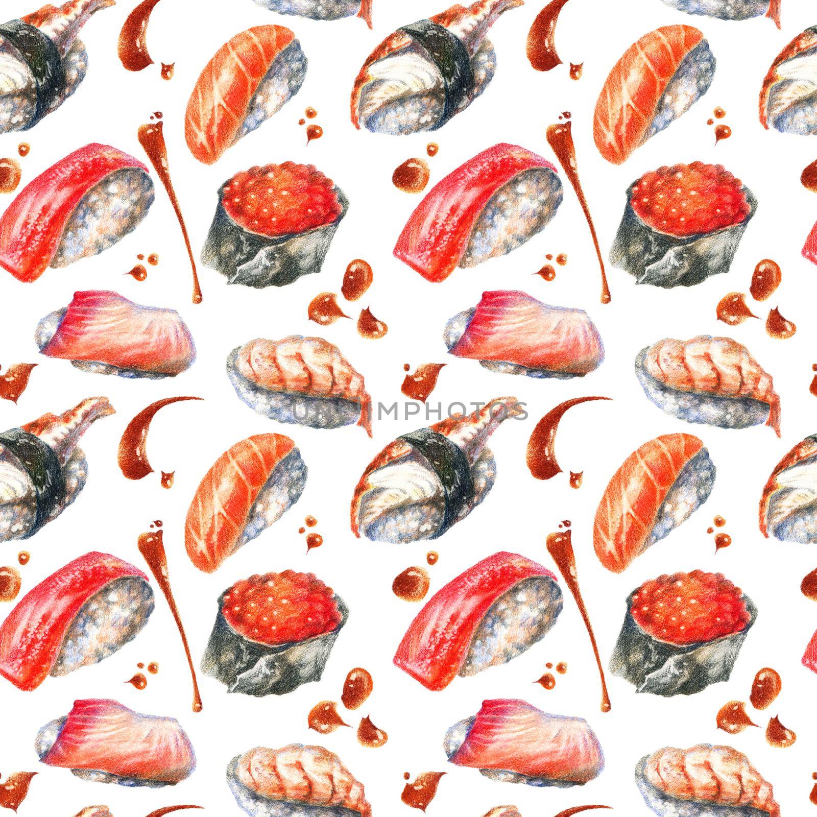 Color pencils realistic illustration of asian seafood - sushi, rolls and soy sauce drops. Seamless pattern. Hand-drawn objects on white background.