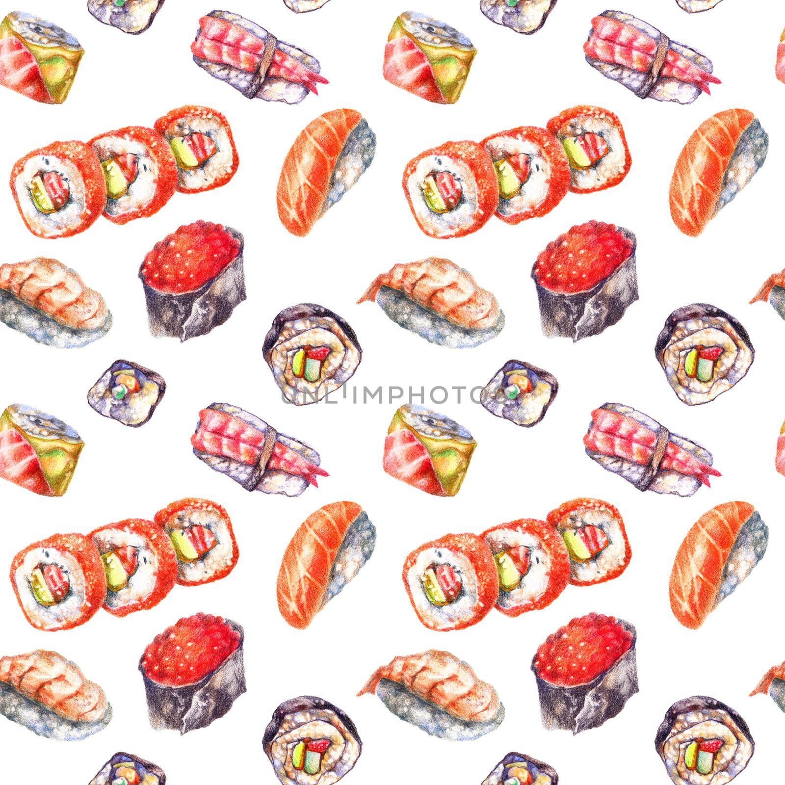 Color pencils realistic illustration of asian seafood - sushi and rolls. Seamless pattern. Hand-drawn objects on white background.