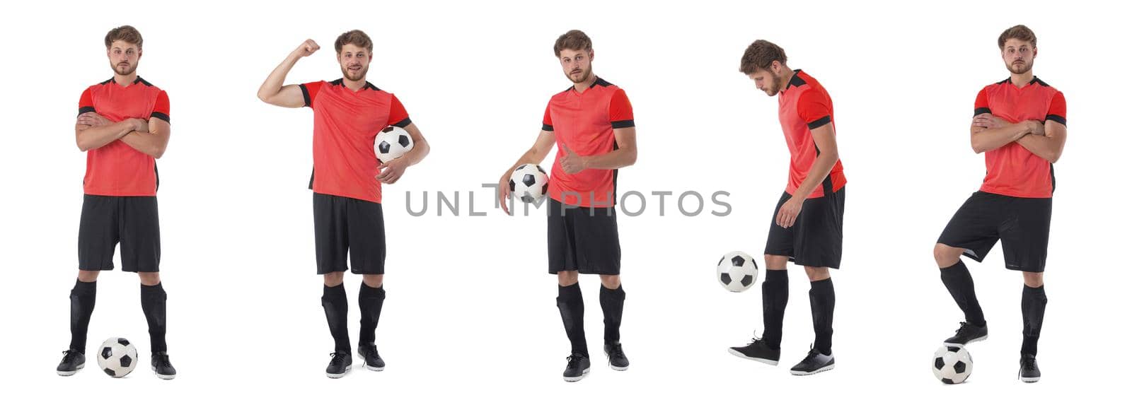 Set of Man playing football soccer isolated on white background, red jersey uniform